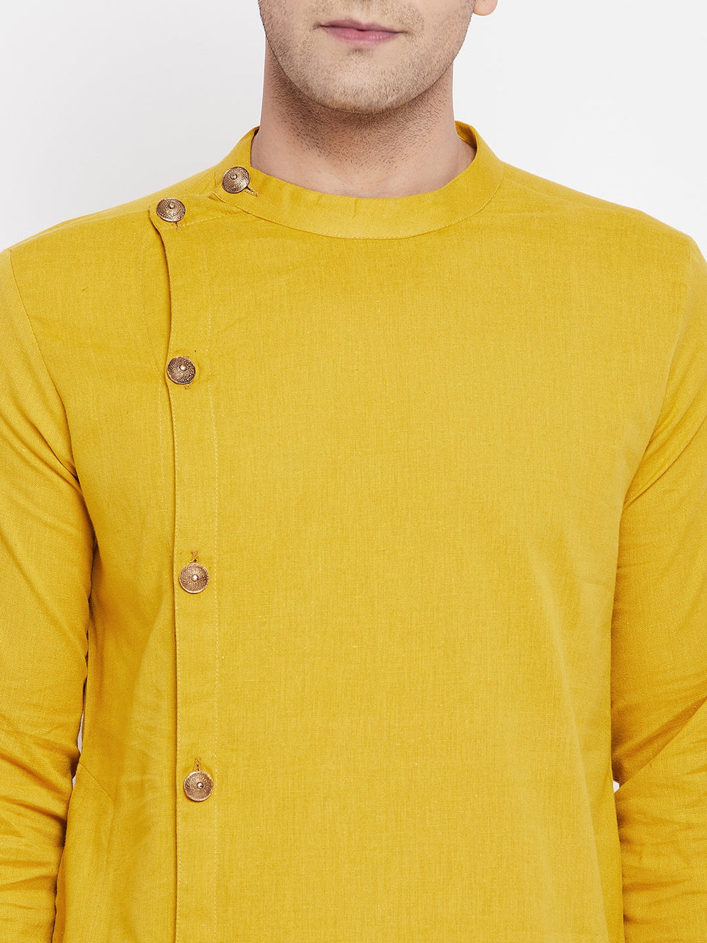 Even Apparels Yellow Pure Cotton Kurta With Band Collar