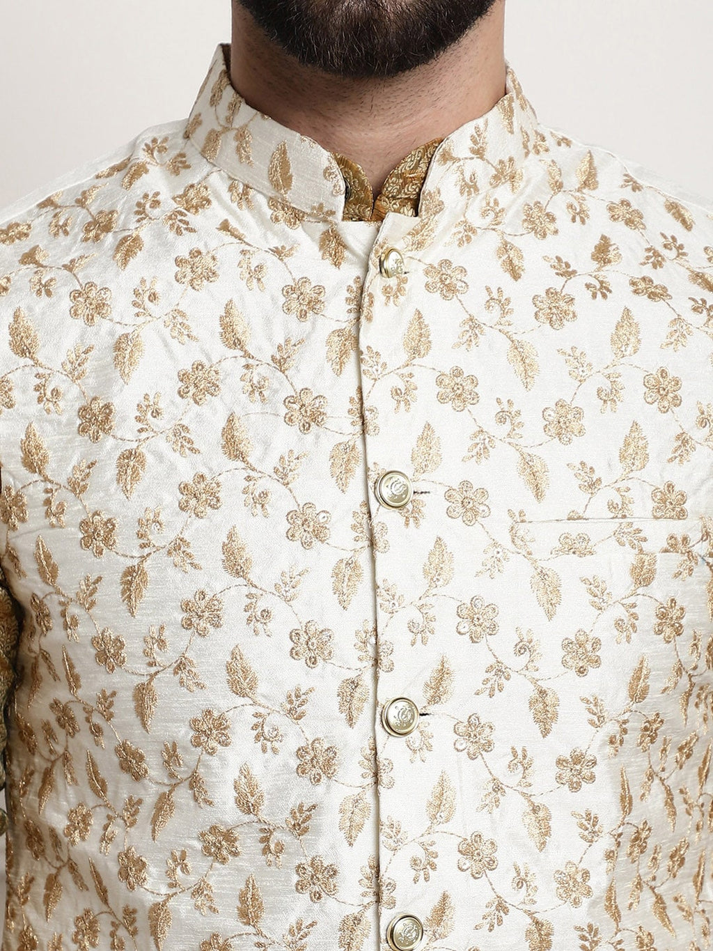 Sojanya Woven Design Mandarin Collar Kurta with Churidar & Nehru Jacket