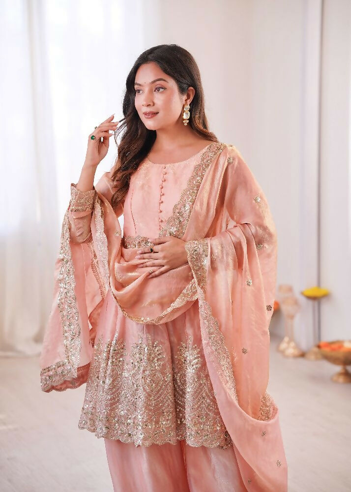 Teeya Creation Light Peach Color Fendy Satin Silk Embroidery Work Party Wear Salwar Suit