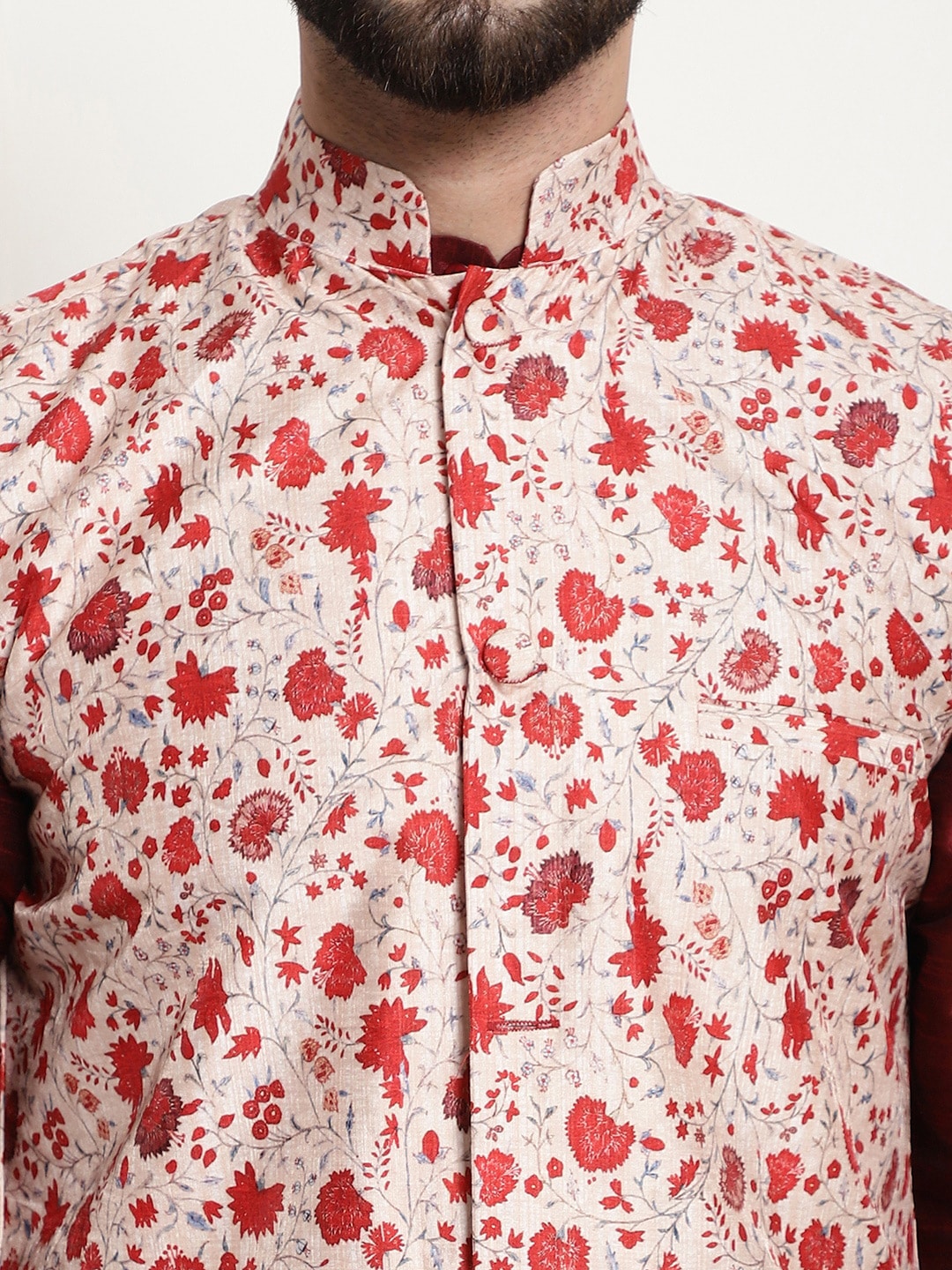 Sojanya Men Maroon & Beige Solid Kurta with Churidar & Printed Nehru Jacket