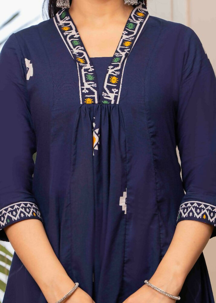 Jaimini Women Cotton Printed V-Neck 3/4 Sleeves Calf Length Flared Kurta Pant And Dupatta Set