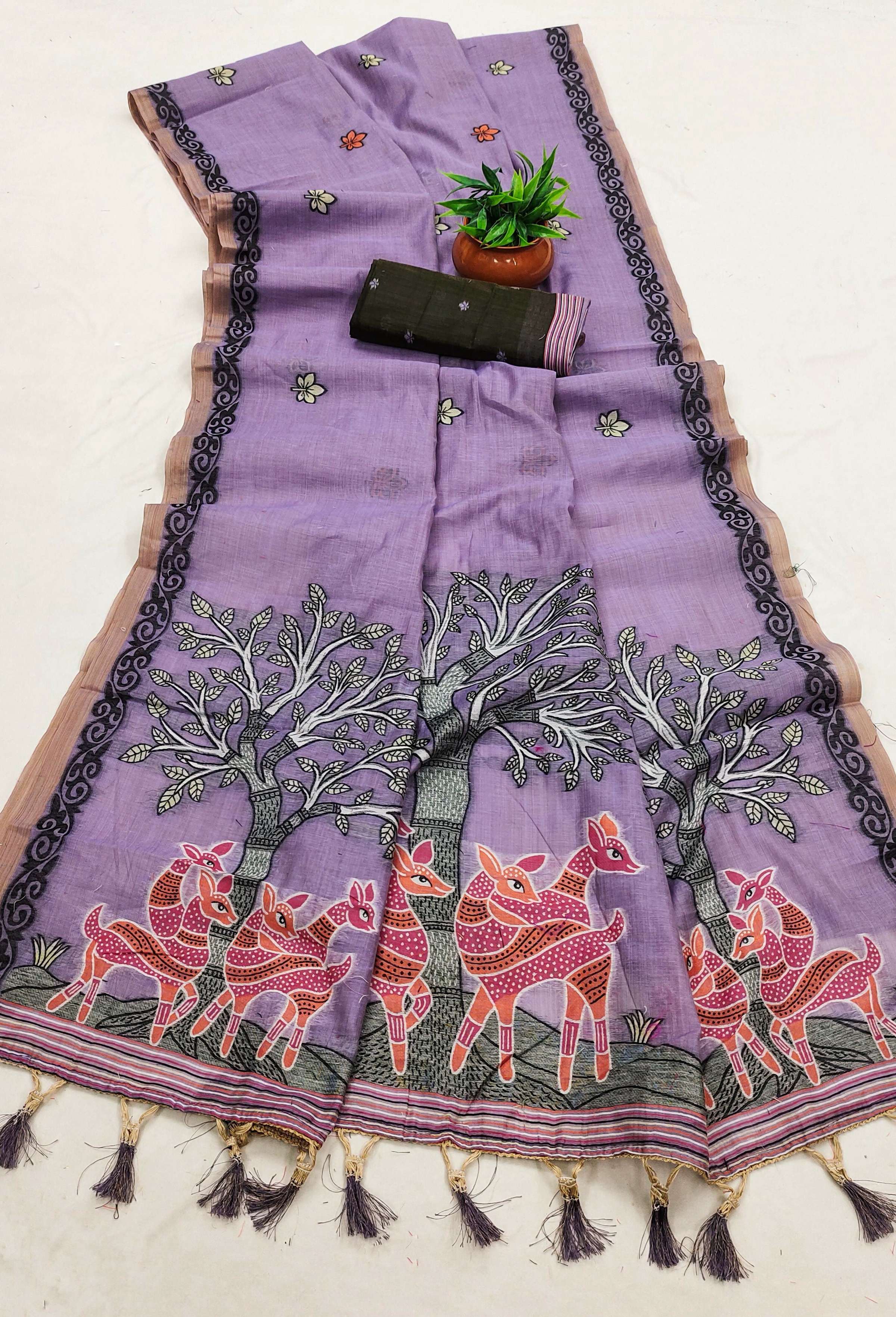 Vastranavya Lavender Muga Cotton Meenakari & Azarakh Pallu Saree with Contrast Blouse