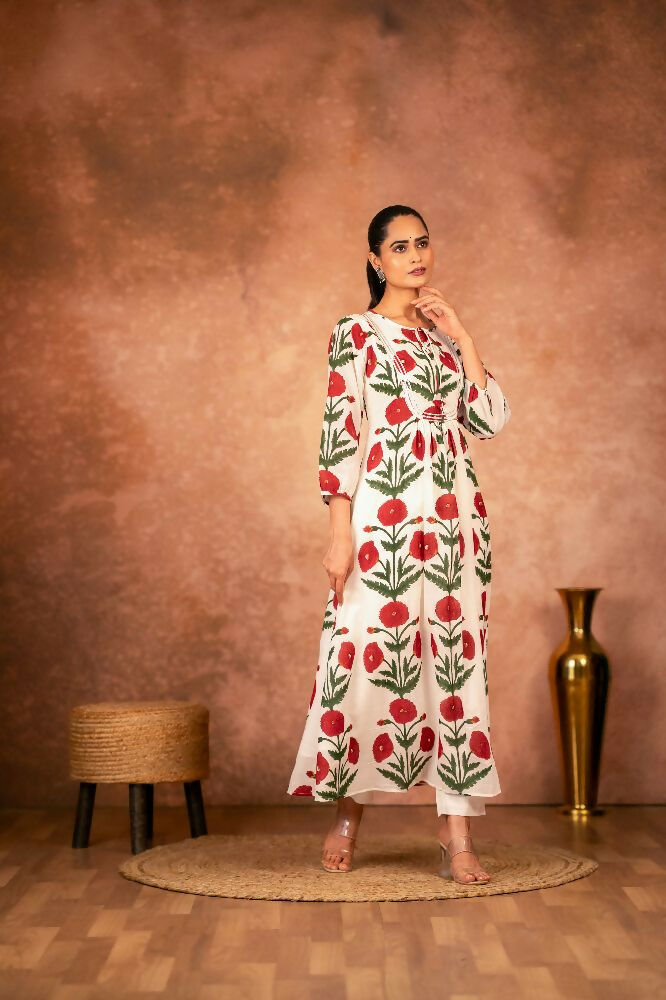 Joban Fashion Red Rose Floral Hand Block Printed Cotton Kurta Pant Set
