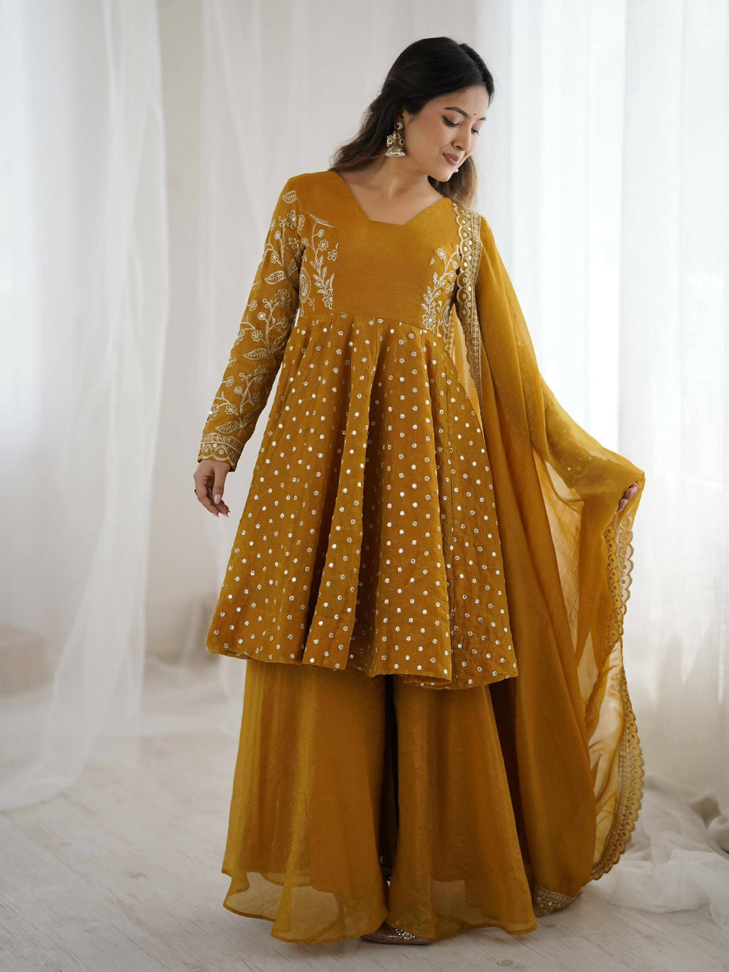 Teeya Creation Women'S New Trendy Embroidery Sequence Work  Yellow Kurta Set