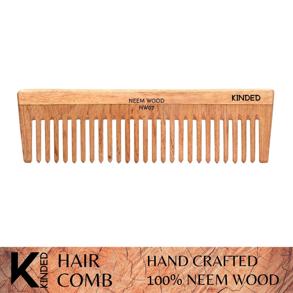 KINDED Handmade Oil Treated Wooden Hair Comb - Neem Wood NW07, Wide Tooth