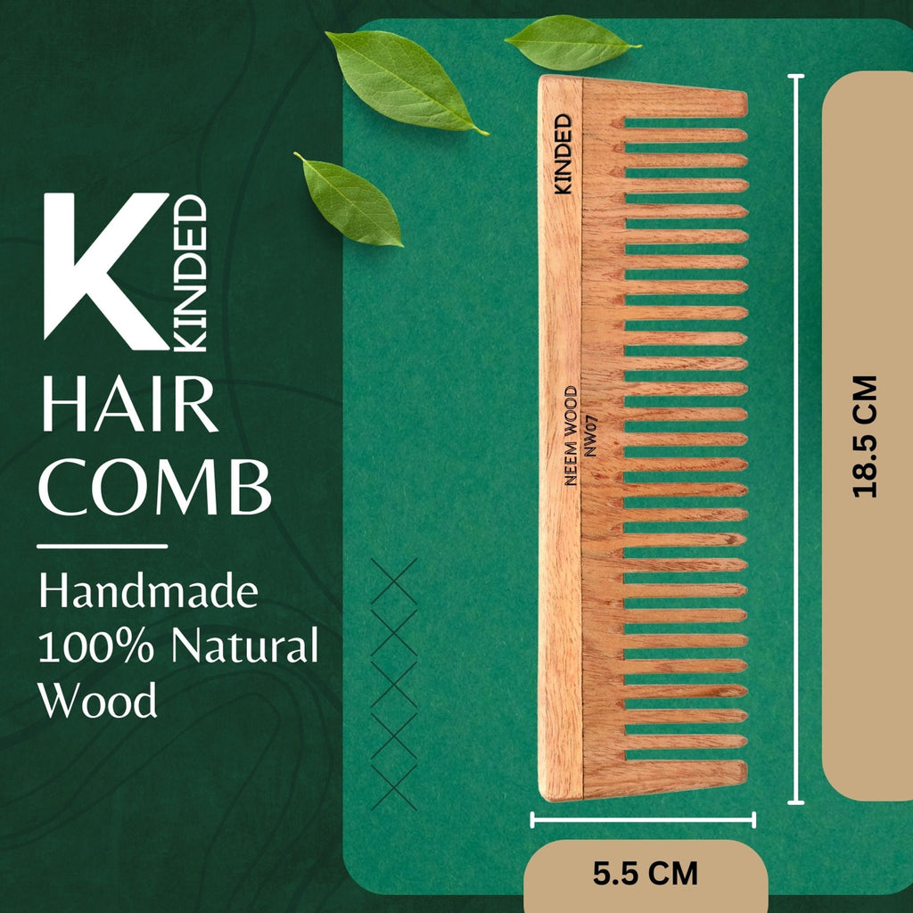 KINDED Handmade Oil Treated Wooden Hair Comb - Neem Wood NW07, Wide Tooth