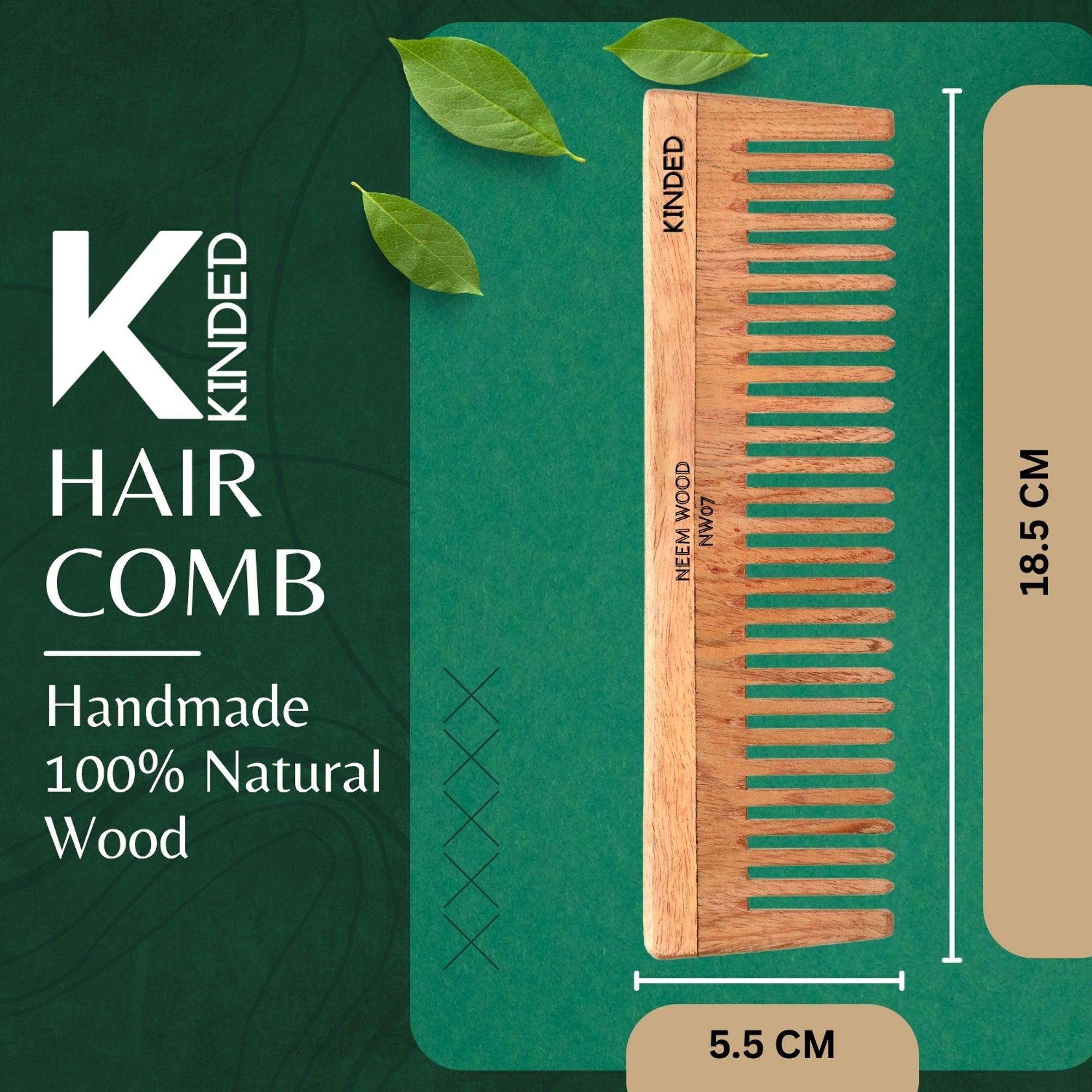 KINDED Handmade Oil Treated Wooden Hair Comb - Neem Wood NW07, Wide Tooth