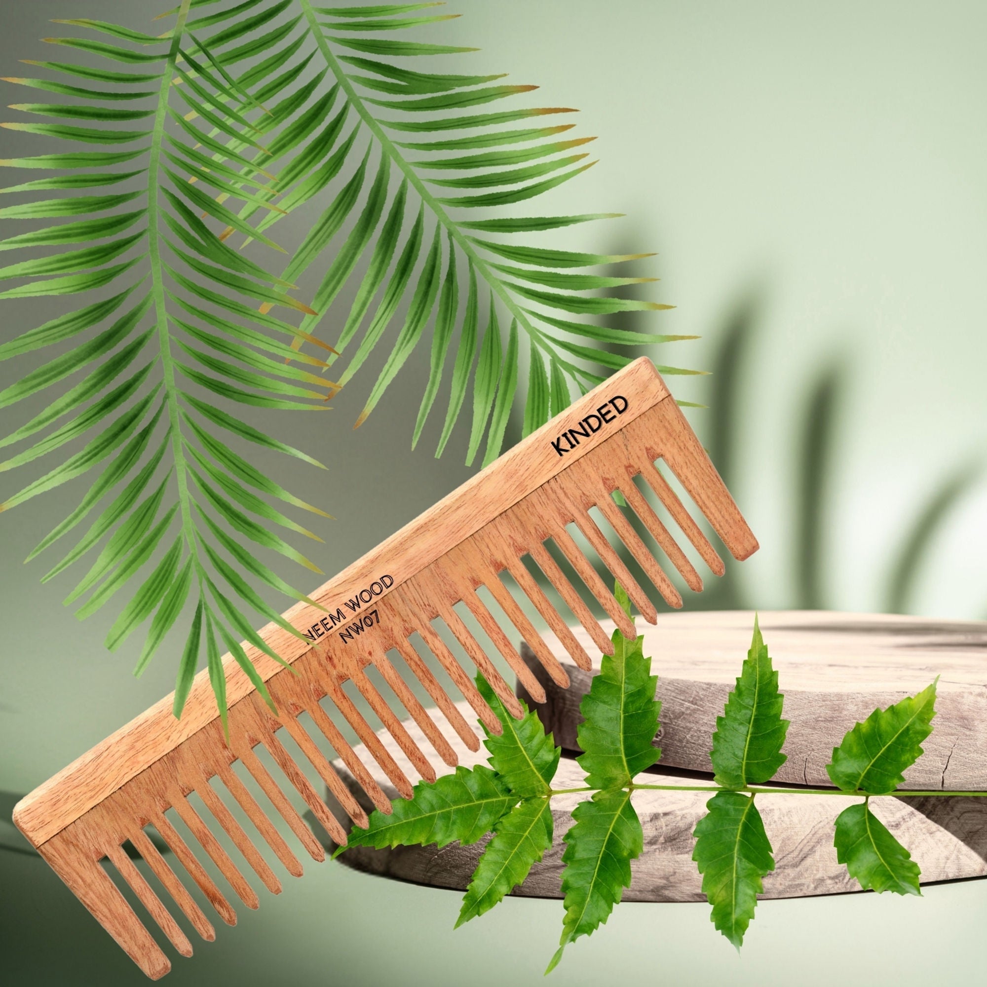 KINDED Handmade Oil Treated Wooden Hair Comb - Neem Wood NW07, Wide Tooth