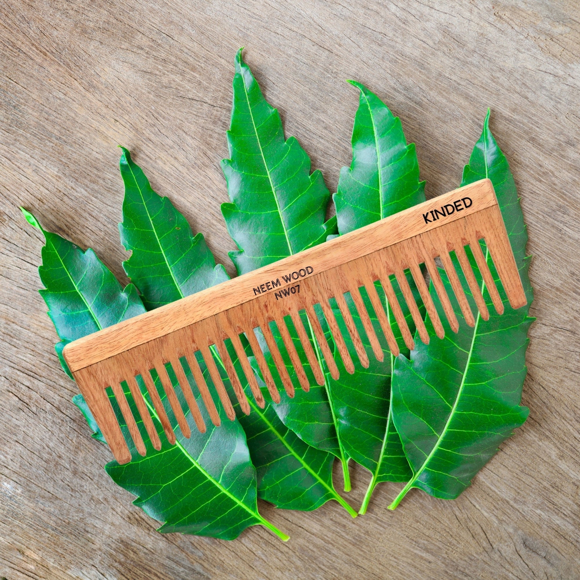 KINDED Handmade Oil Treated Wooden Hair Comb - Neem Wood NW07, Wide Tooth