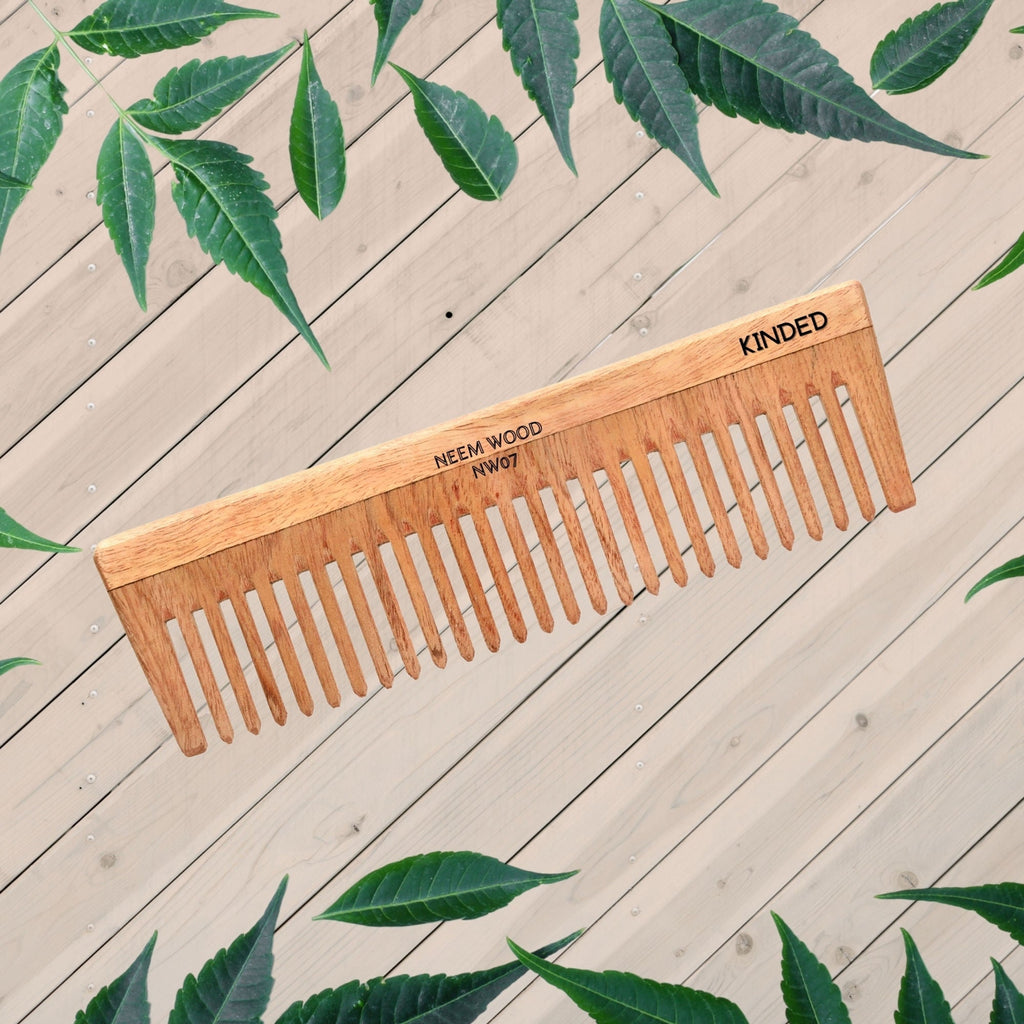 KINDED Handmade Oil Treated Wooden Hair Comb - Neem Wood NW07, Wide Tooth
