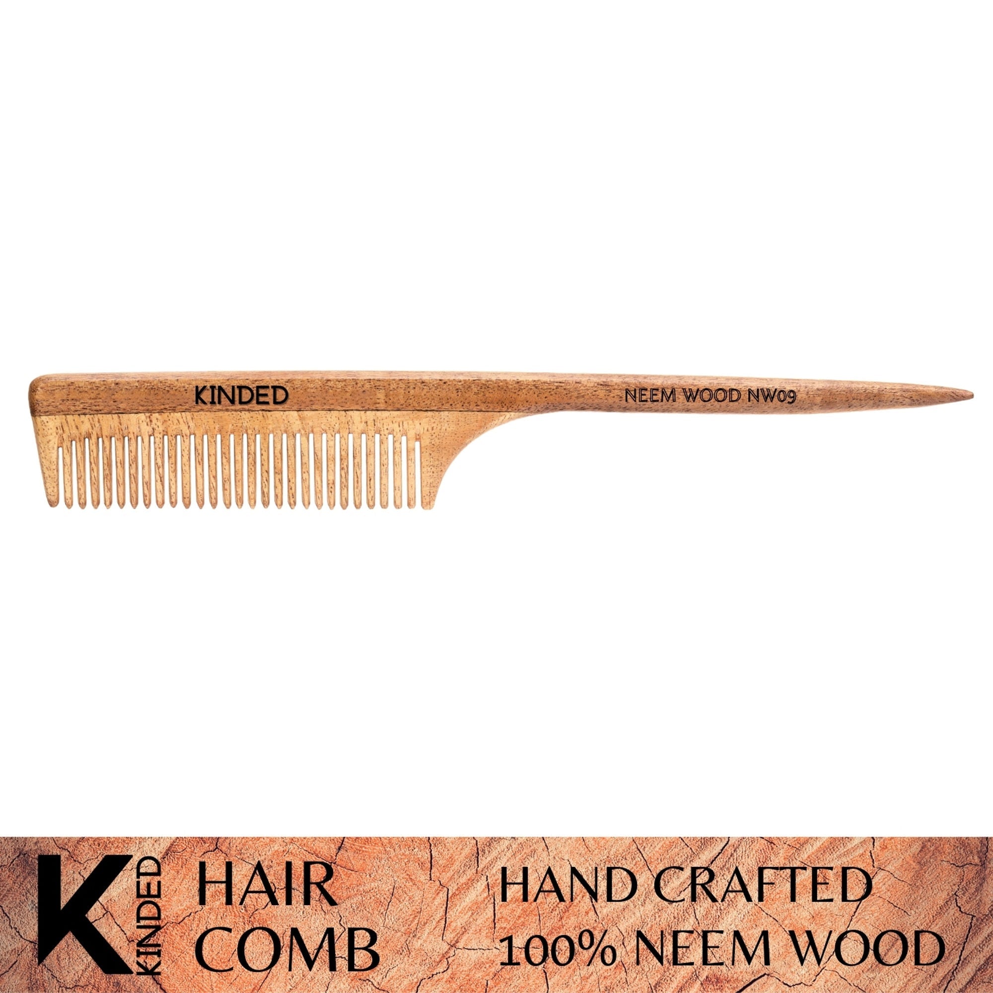 KINDED Handmade Oil Treated Wooden Hair Comb - Neem Wood NW09, Regular Tooth Tail Comb