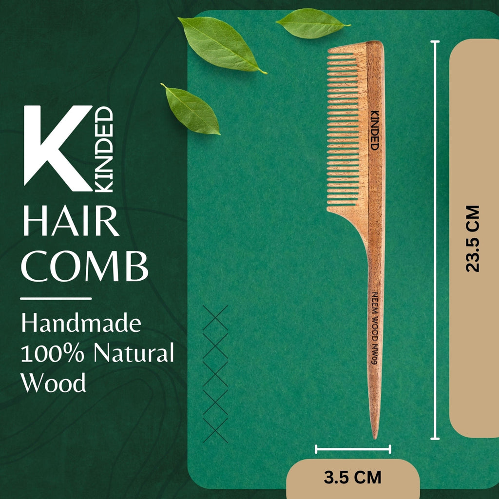 KINDED Handmade Oil Treated Wooden Hair Comb - Neem Wood NW09, Regular Tooth Tail Comb