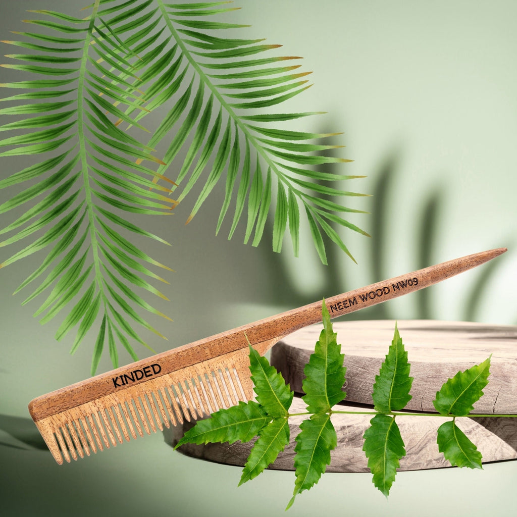 KINDED Handmade Oil Treated Wooden Hair Comb - Neem Wood NW09, Regular Tooth Tail Comb