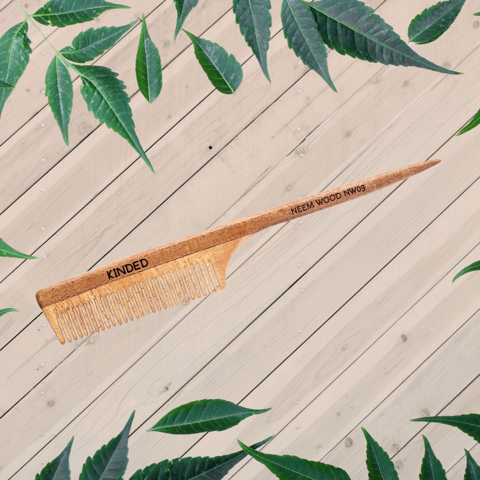 KINDED Handmade Oil Treated Wooden Hair Comb - Neem Wood NW09, Regular Tooth Tail Comb