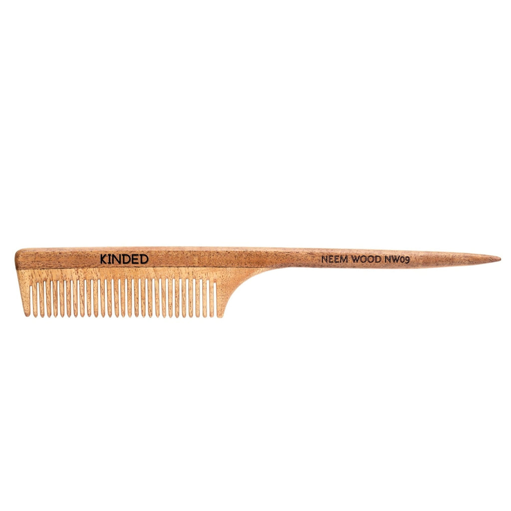 KINDED Handmade Oil Treated Wooden Hair Comb - Neem Wood NW09, Regular Tooth Tail Comb