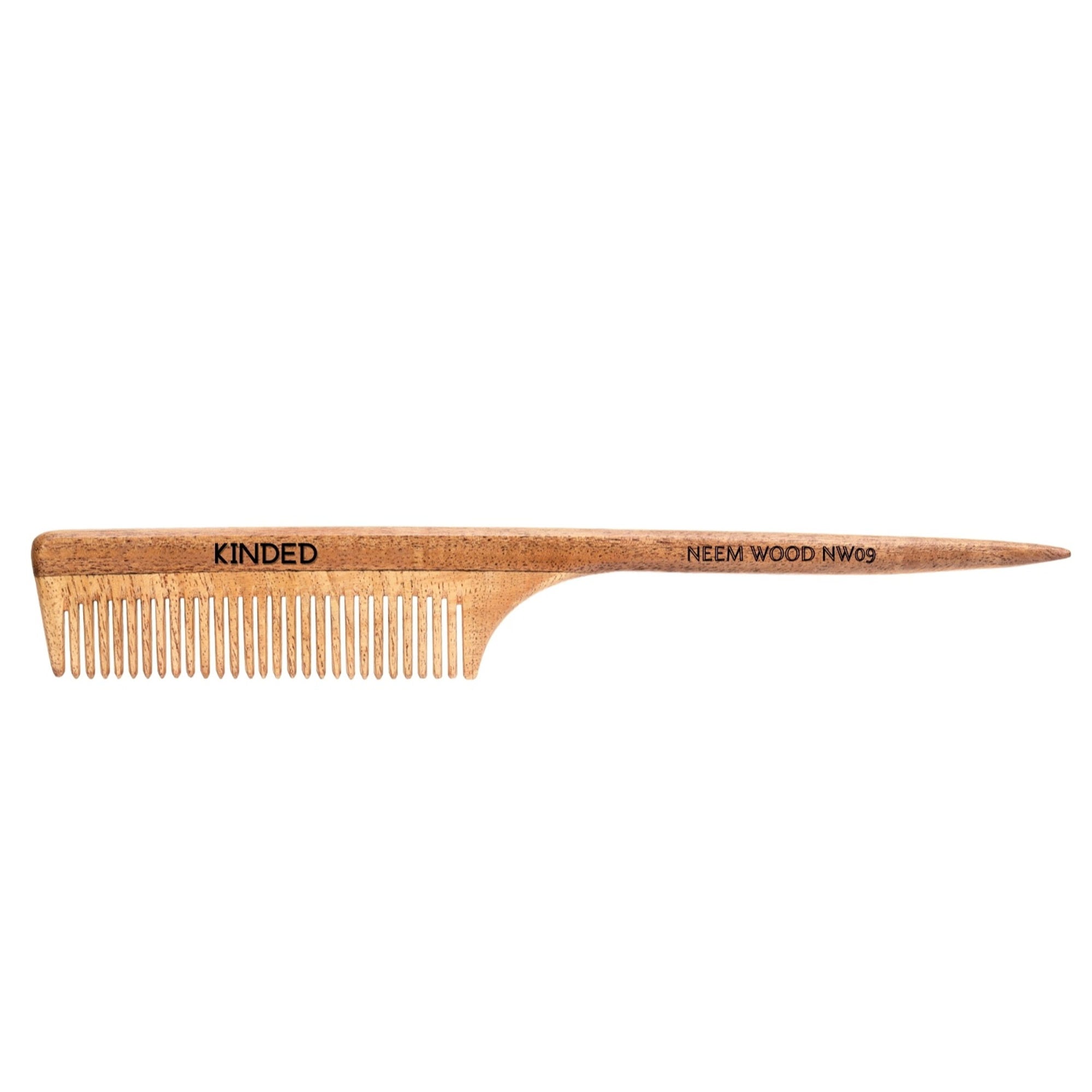 KINDED Handmade Oil Treated Wooden Hair Comb - Neem Wood NW09, Regular Tooth Tail Comb