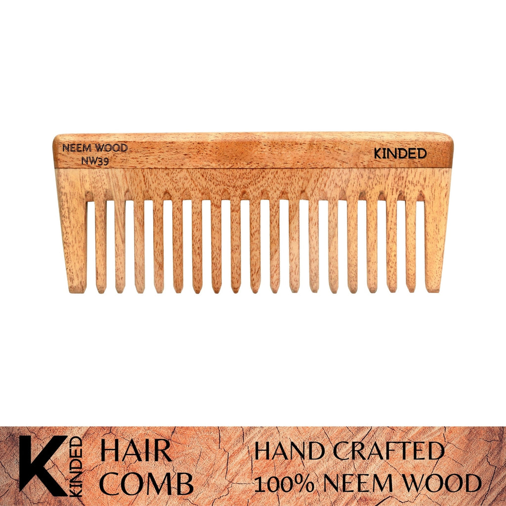 KINDED Handmade Oil Treated Wooden Hair Comb - Neem Wood NW39, Wide Tooth