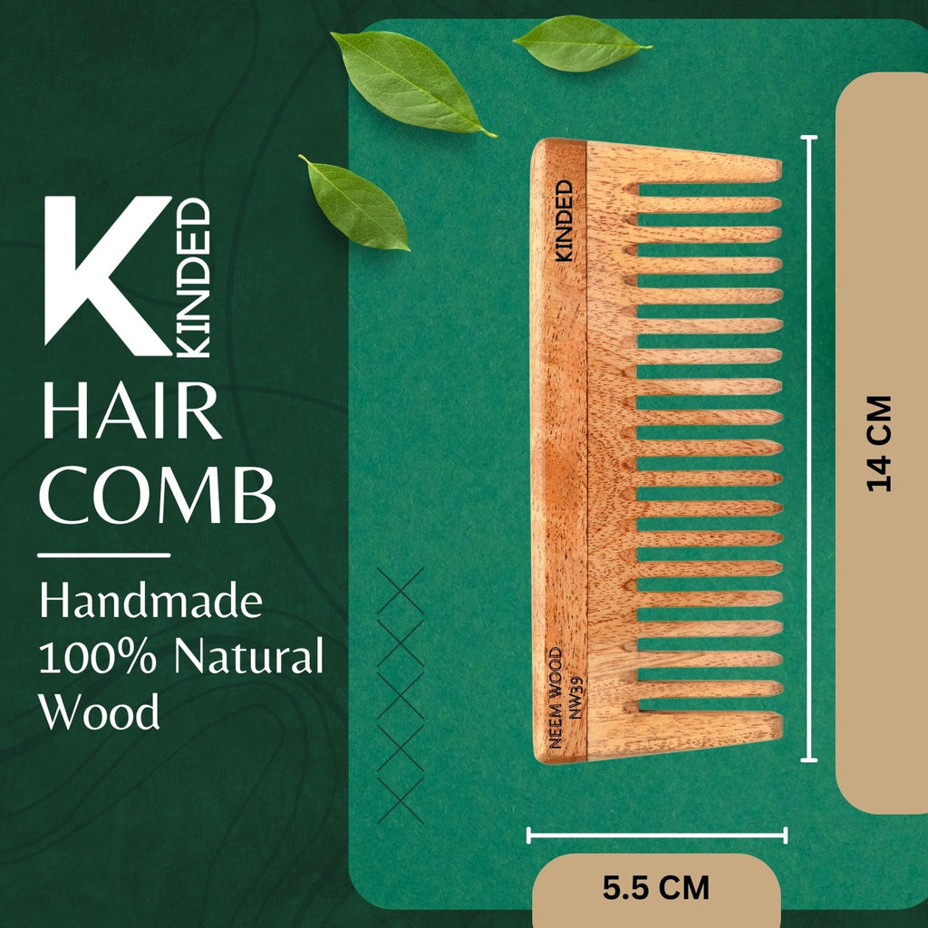 KINDED Handmade Oil Treated Wooden Hair Comb - Neem Wood NW39, Wide Tooth