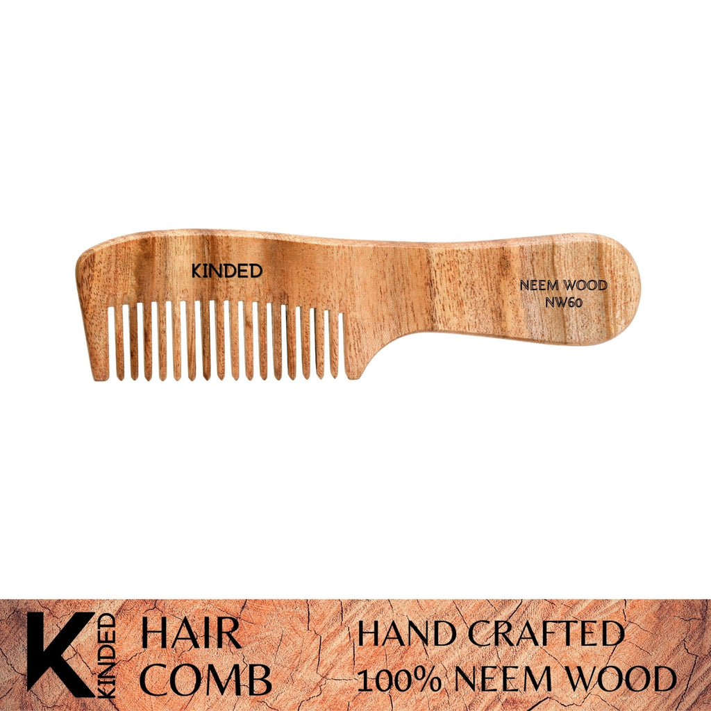 KINDED Handmade Oil Treated Wooden Hair Comb - Neem Wood NW60, Regular Tooth Comb with Handle
