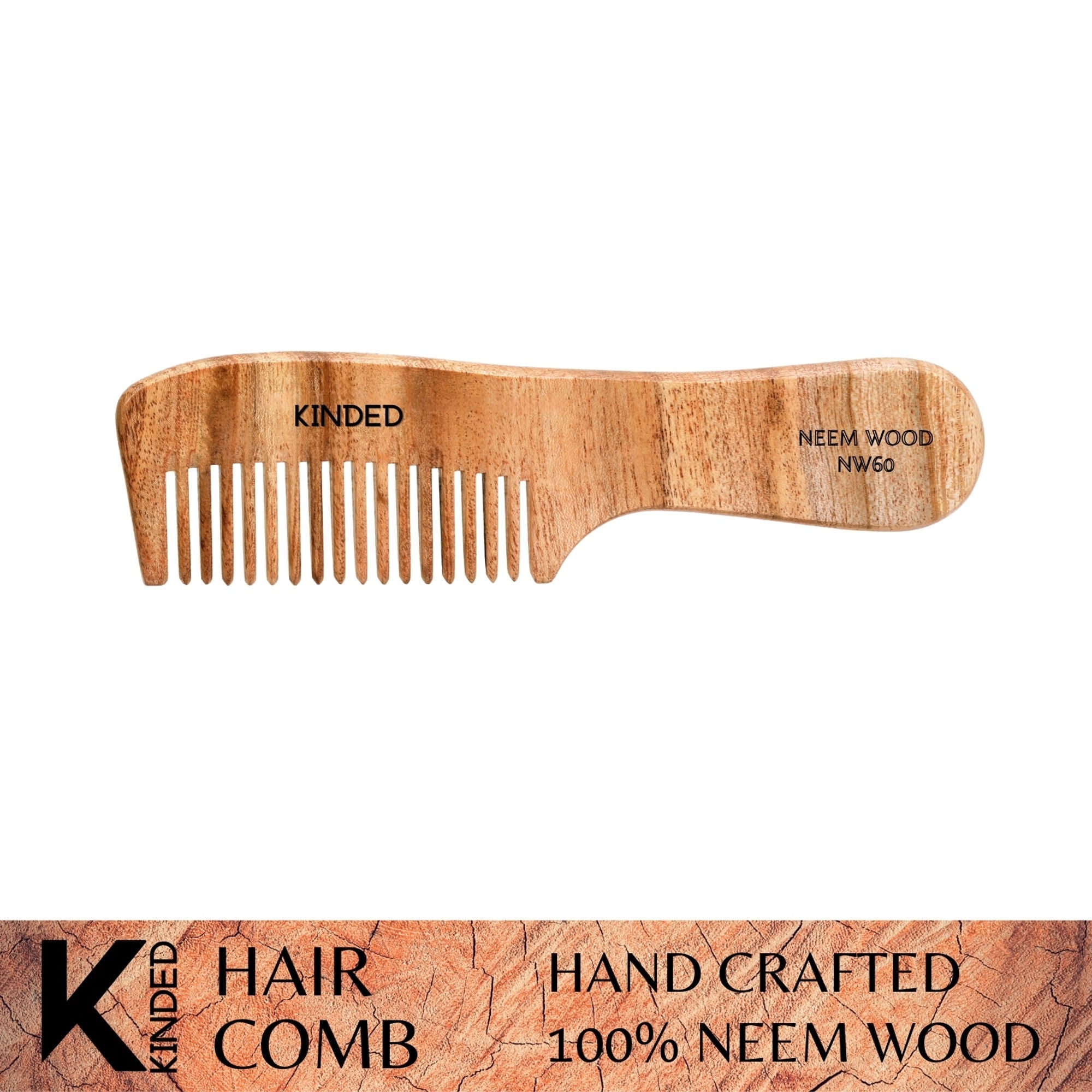 KINDED Handmade Oil Treated Wooden Hair Comb - Neem Wood NW60, Regular Tooth Comb with Handle