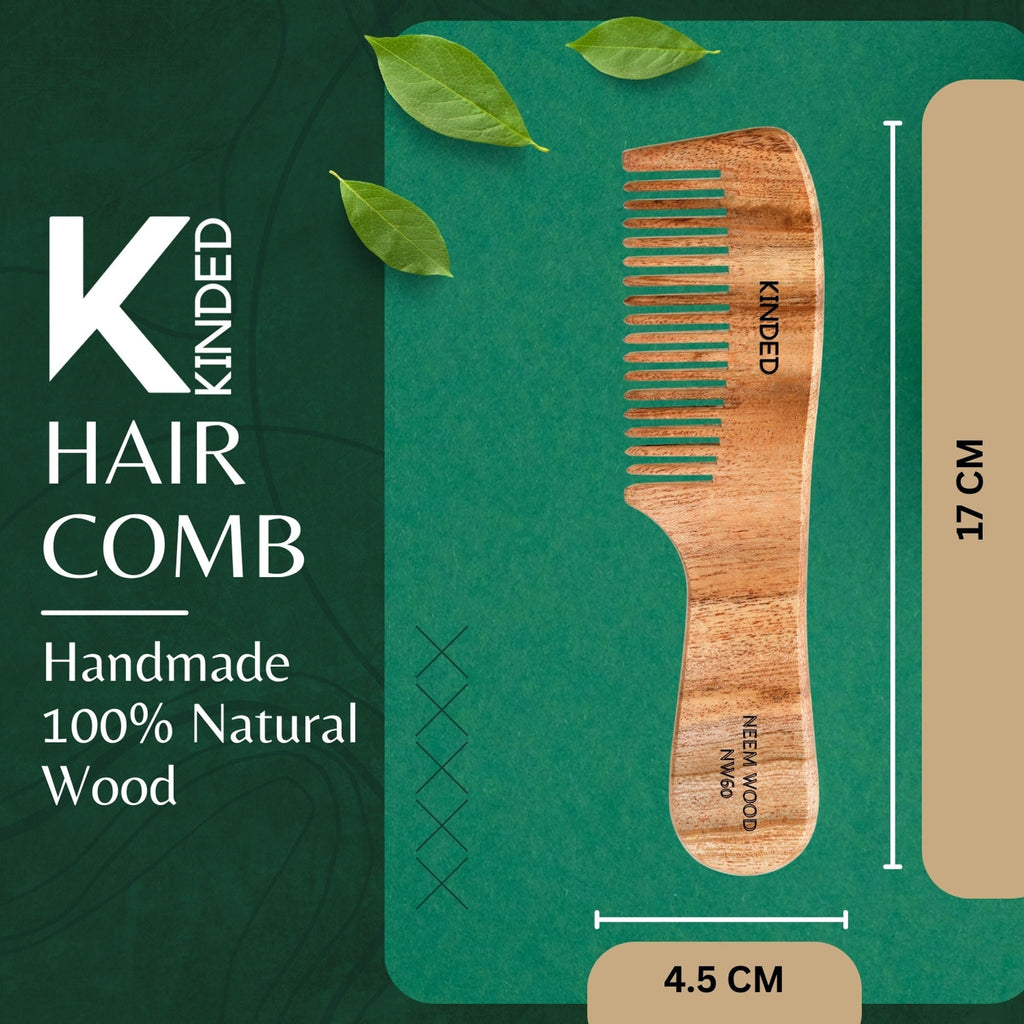 KINDED Handmade Oil Treated Wooden Hair Comb - Neem Wood NW60, Regular Tooth Comb with Handle
