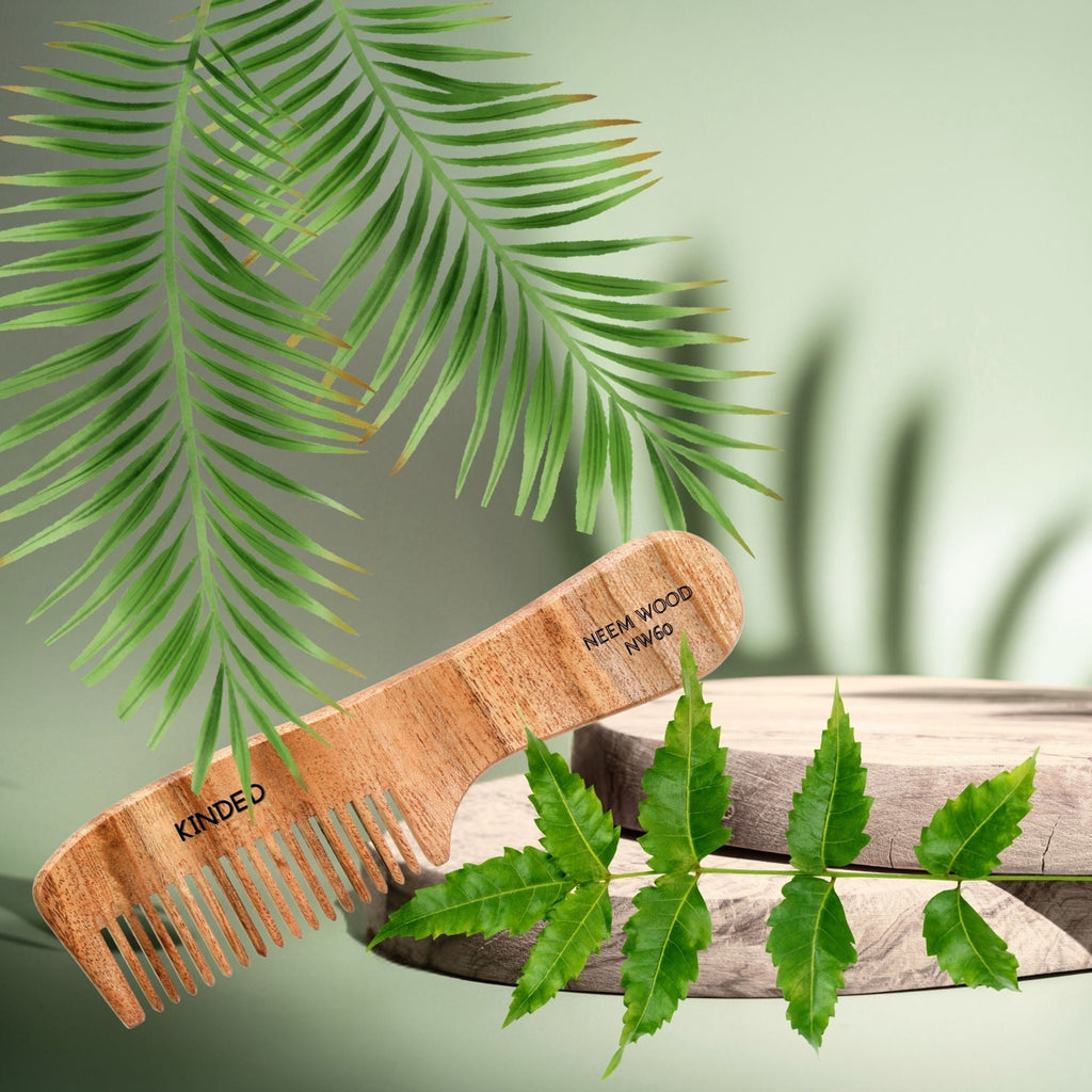 KINDED Handmade Oil Treated Wooden Hair Comb - Neem Wood NW60, Regular Tooth Comb with Handle