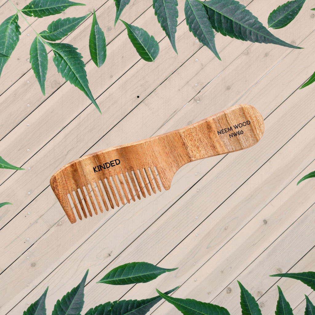 KINDED Handmade Oil Treated Wooden Hair Comb - Neem Wood NW60, Regular Tooth Comb with Handle