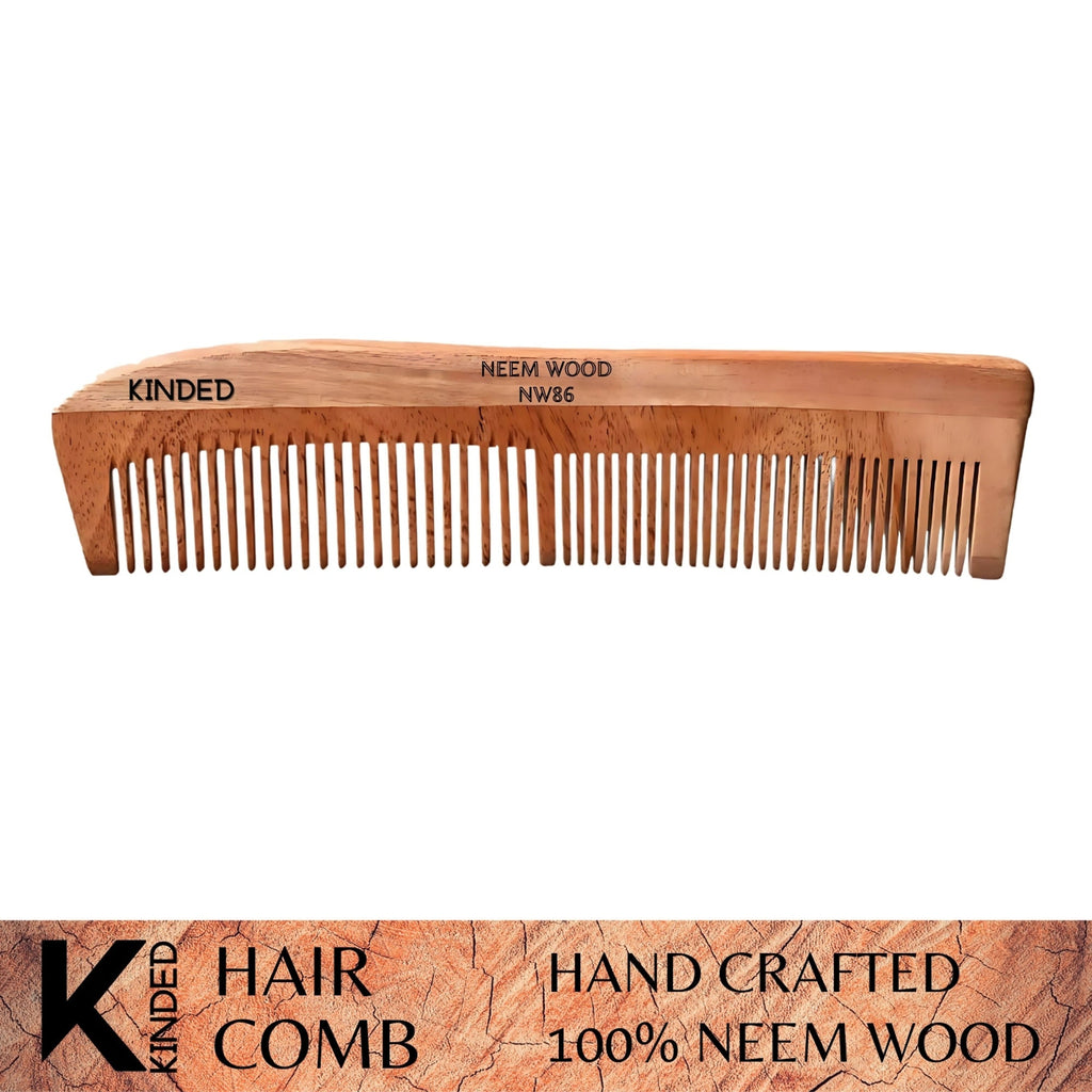 KINDED Handmade Oil Treated Wooden Hair Comb - Neem Wood NW86, Dual Tooth