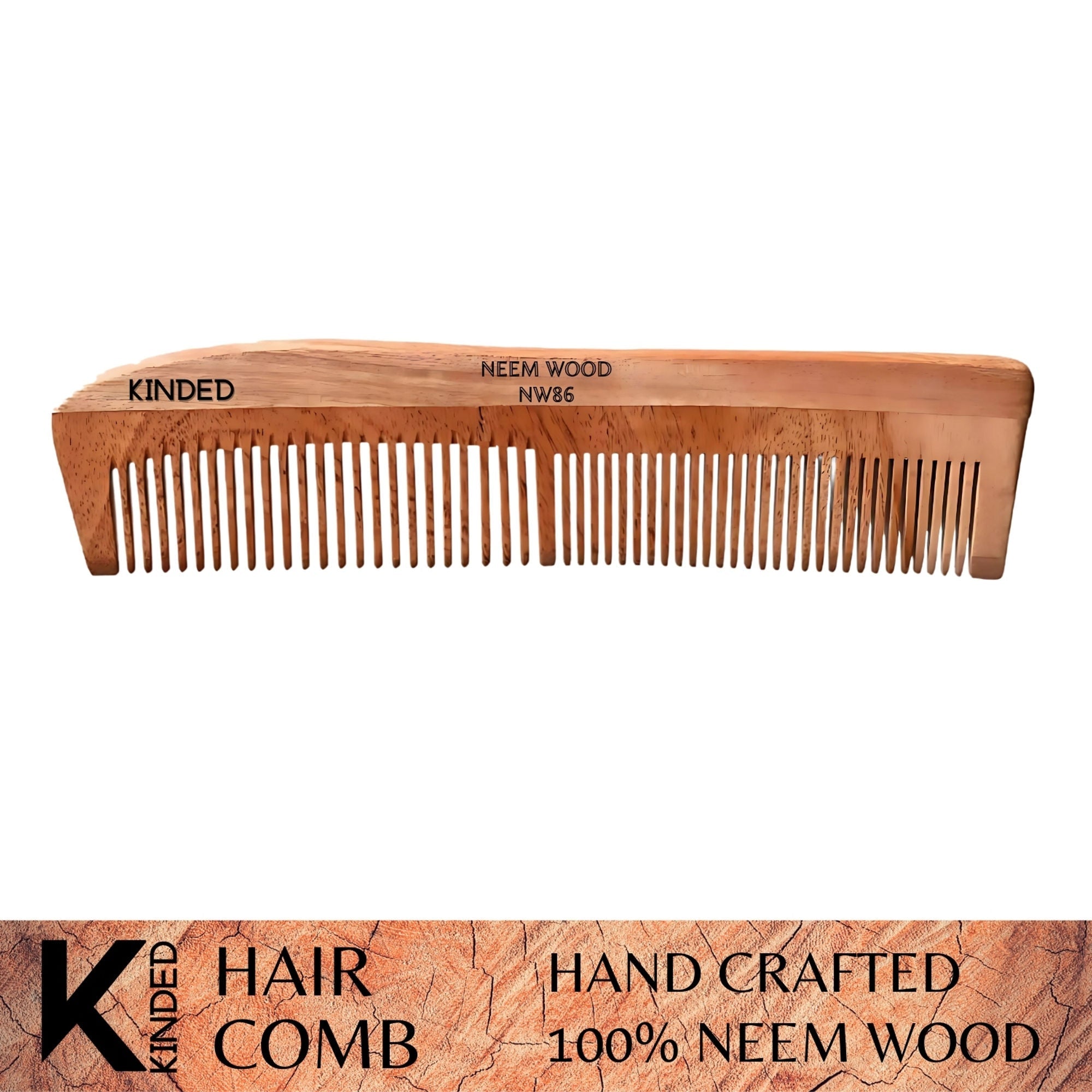 KINDED Handmade Oil Treated Wooden Hair Comb - Neem Wood NW86, Dual Tooth