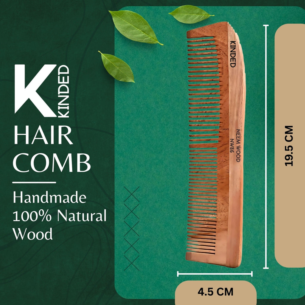KINDED Handmade Oil Treated Wooden Hair Comb - Neem Wood NW86, Dual Tooth