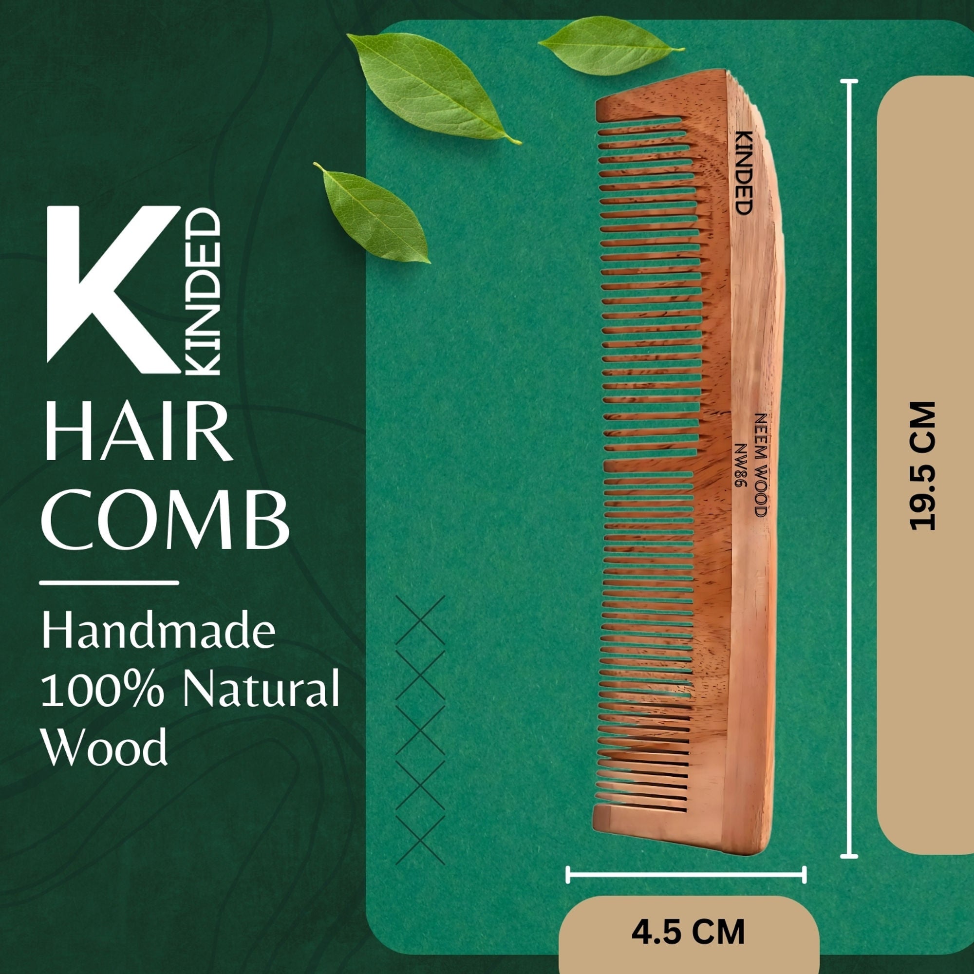 KINDED Handmade Oil Treated Wooden Hair Comb - Neem Wood NW86, Dual Tooth