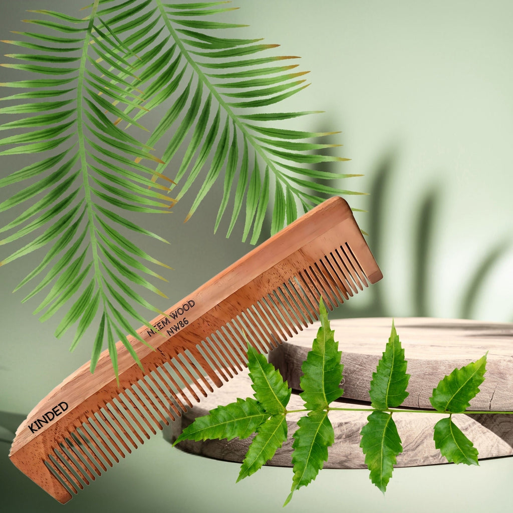 KINDED Handmade Oil Treated Wooden Hair Comb - Neem Wood NW86, Dual Tooth