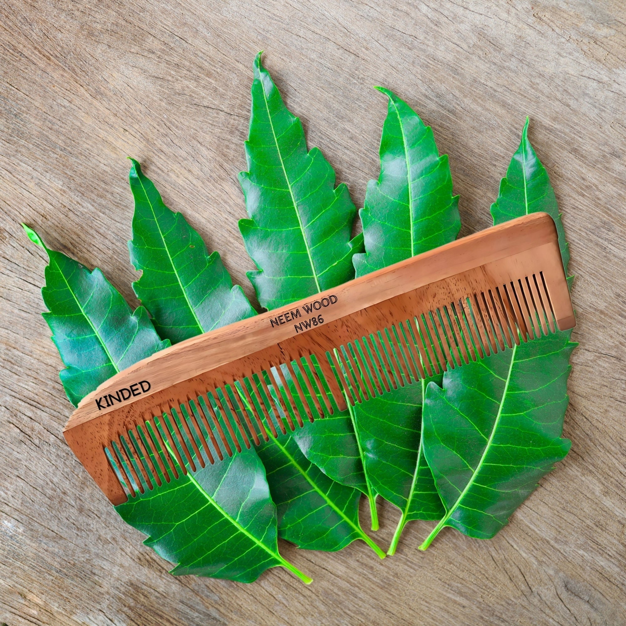 KINDED Handmade Oil Treated Wooden Hair Comb - Neem Wood NW86, Dual Tooth