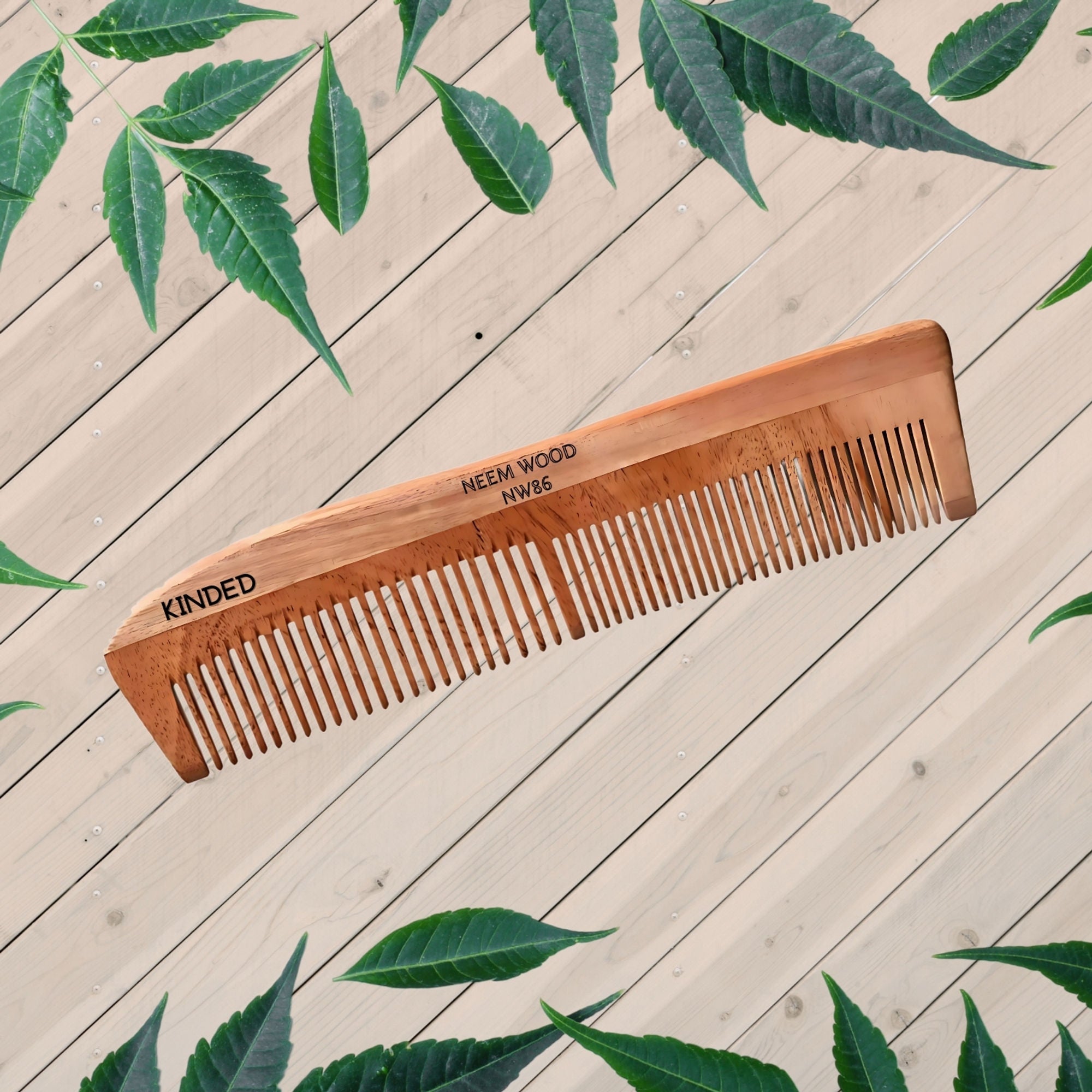 KINDED Handmade Oil Treated Wooden Hair Comb - Neem Wood NW86, Dual Tooth