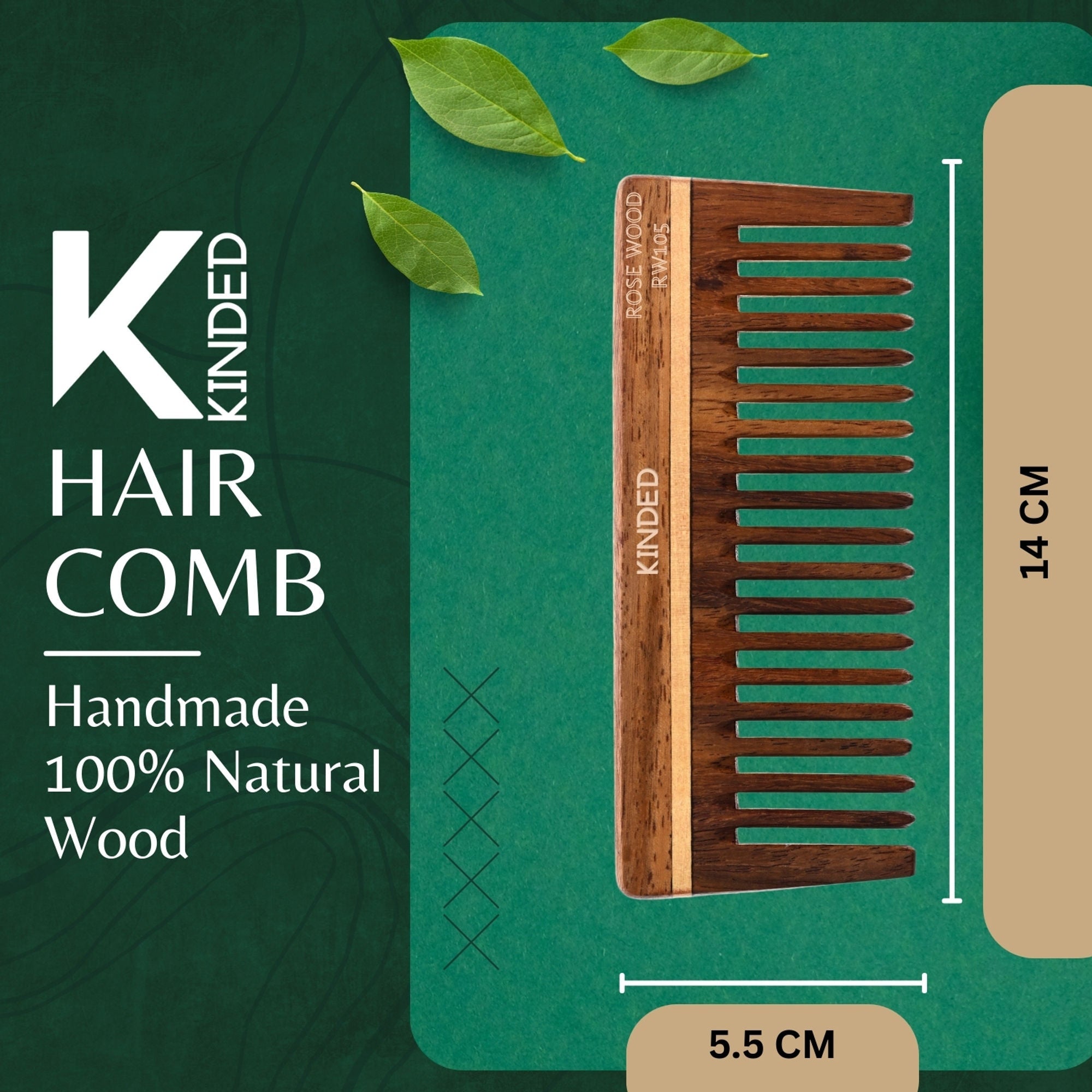 KINDED Handmade Oil Treated Wooden Hair Comb - Sheesham Rose Wood RW105, Wide Tooth
