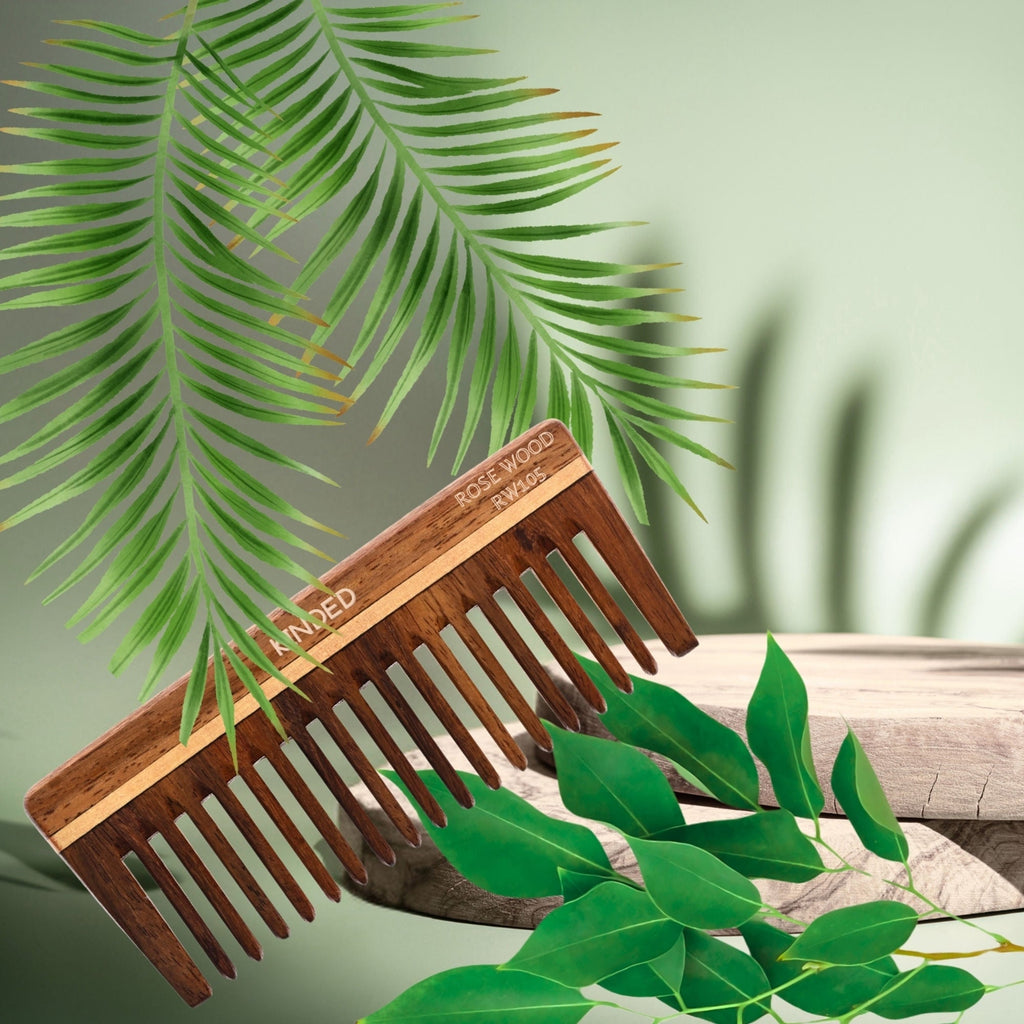 KINDED Handmade Oil Treated Wooden Hair Comb - Sheesham Rose Wood RW105, Wide Tooth
