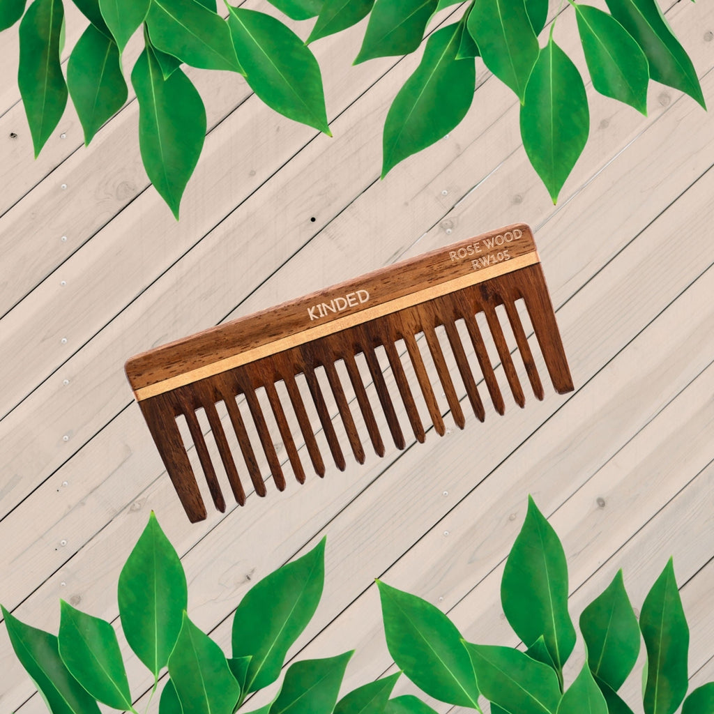 KINDED Handmade Oil Treated Wooden Hair Comb - Sheesham Rose Wood RW105, Wide Tooth