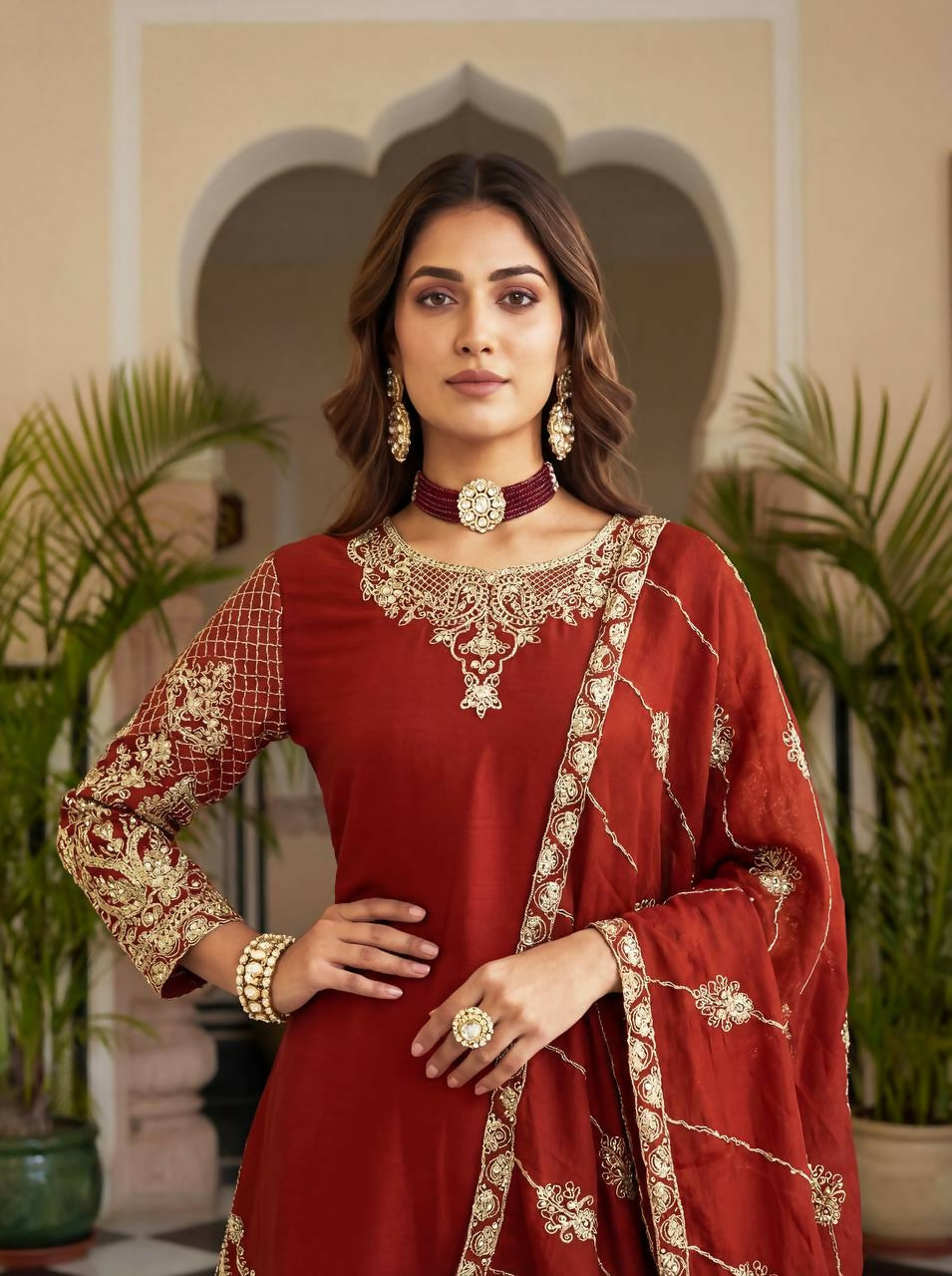Teeya Creation Red Chinon Silk Designer Wedding Wear Embroidery Work Palazzo