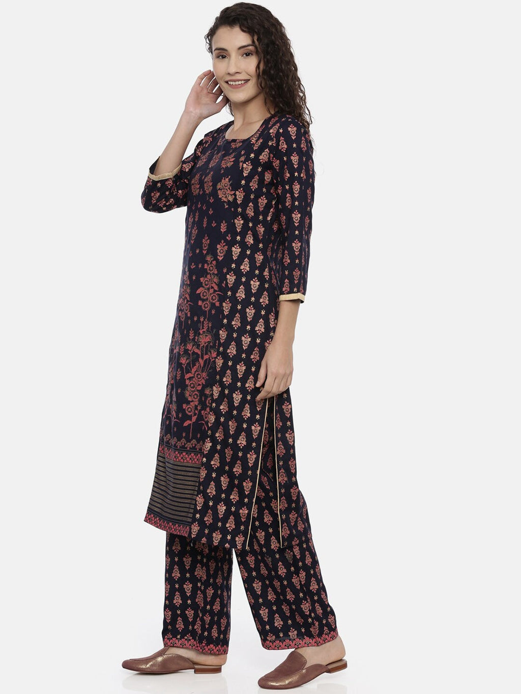 Souchii Navy Blue & Pink Printed Kurta with Palazzos