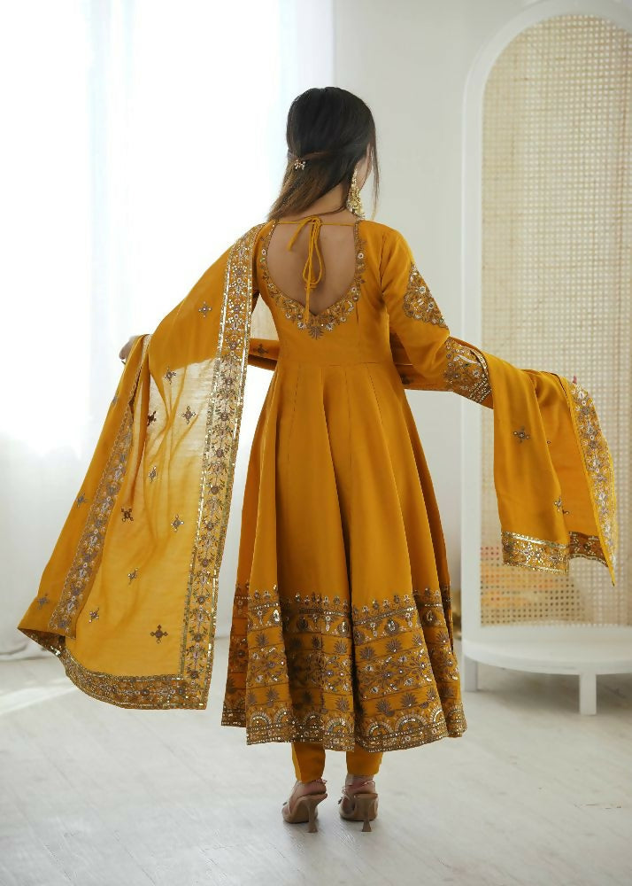 Teeya Creation Yellow Roman Silk Embroidery Work Party Wear long Gown