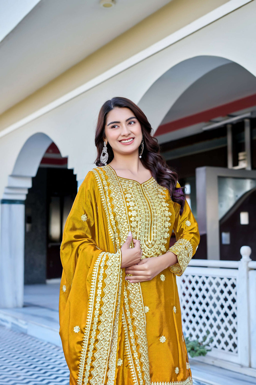 Teeya Creation Yellow Color Chinon Silk Heavy Embroidery Work Wedding Wear Sharara