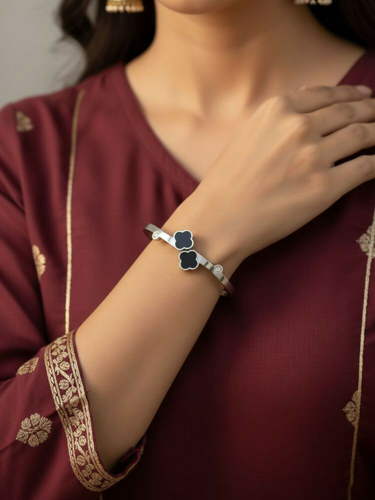 NVR Women Silver Plated Black Cuff Bracelet