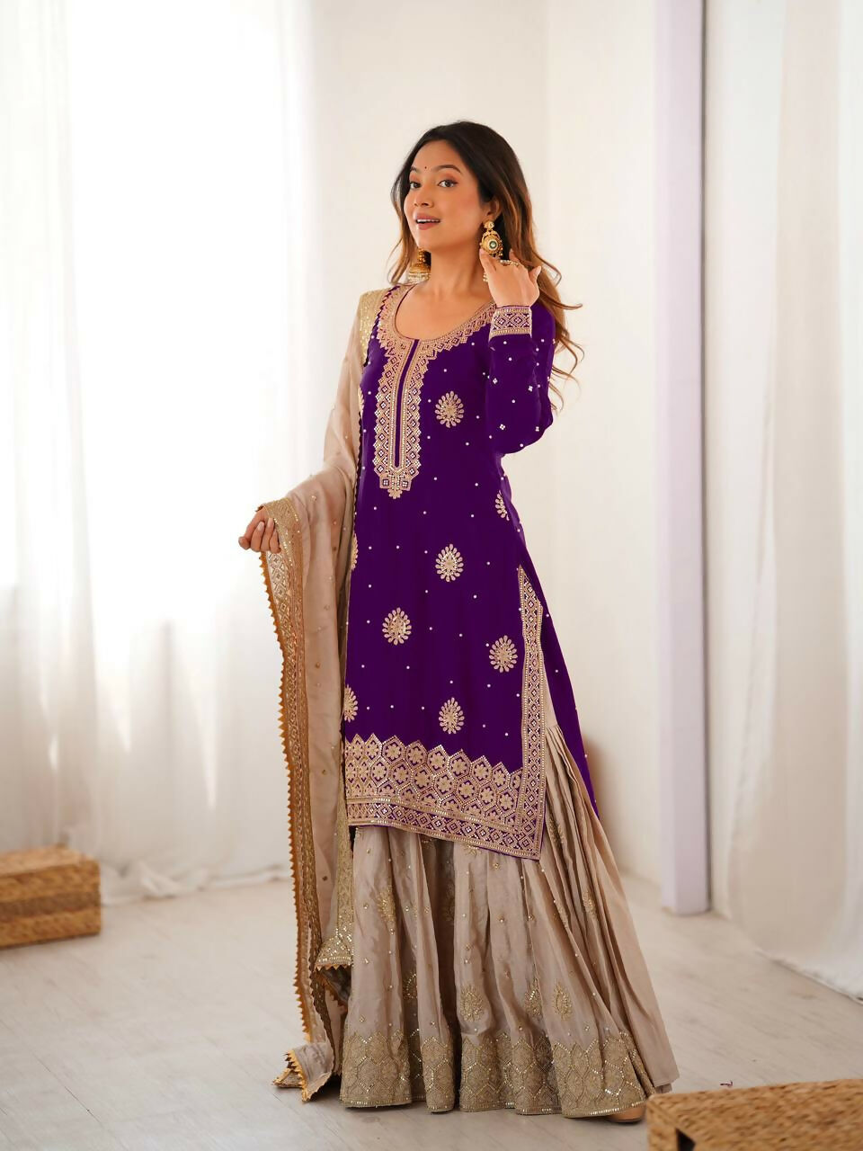Lehenga Mart Designer Sharara Suit With Kurta, Sharara, Dupatta For Women-Purple