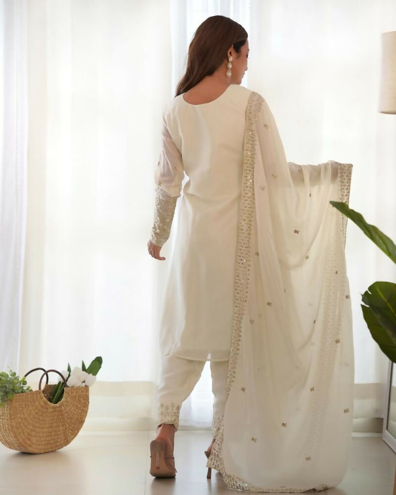 Lehenga Mart Designer Salwar Suit With Kurta, Pant, Dupatta For Women-White