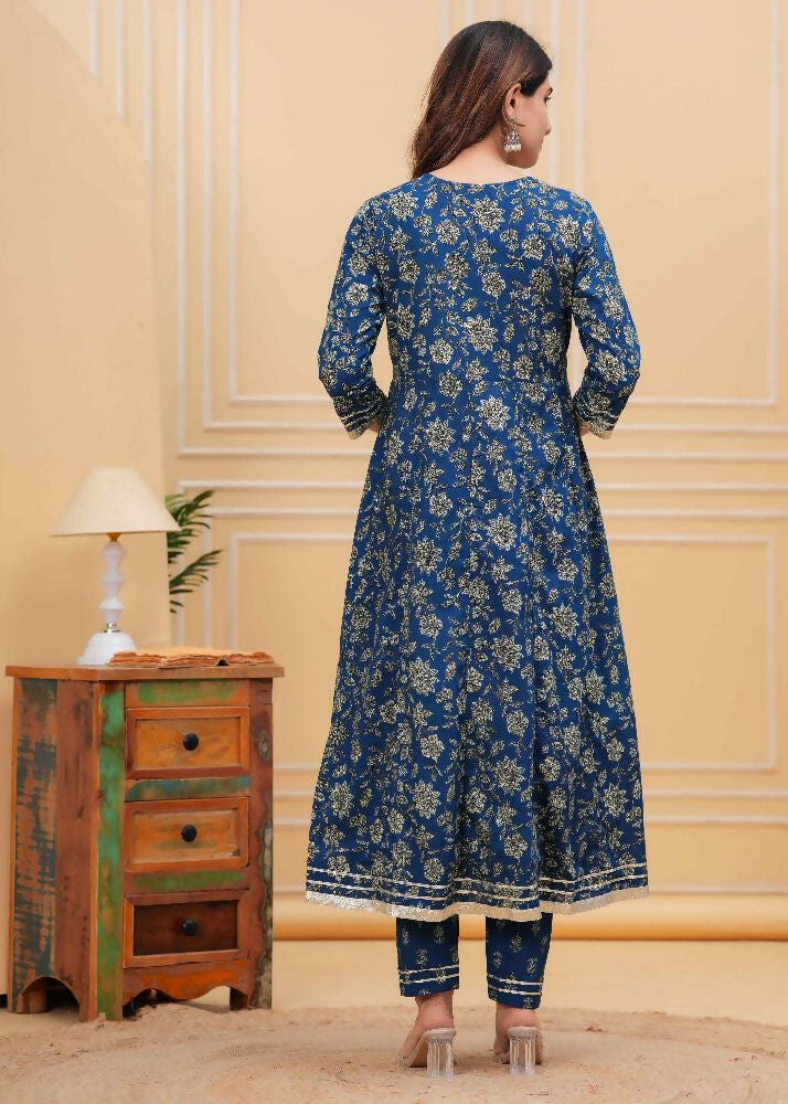 Jaimini Women Cotton Printed Round Neck Calf Length Flared Kurta Pant And Dupatta Set