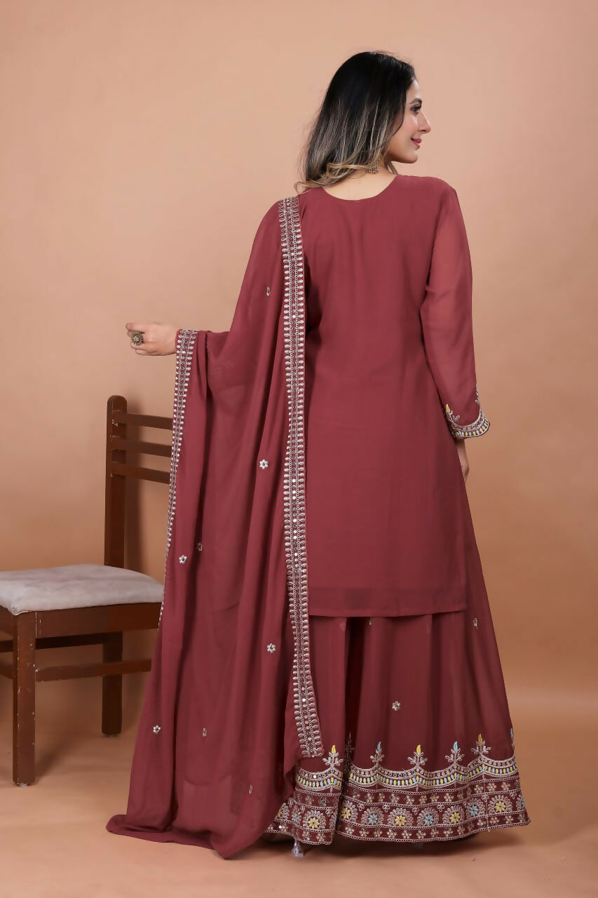 Joban Fashion Maroon Georgette Embroidered Sharara Set
