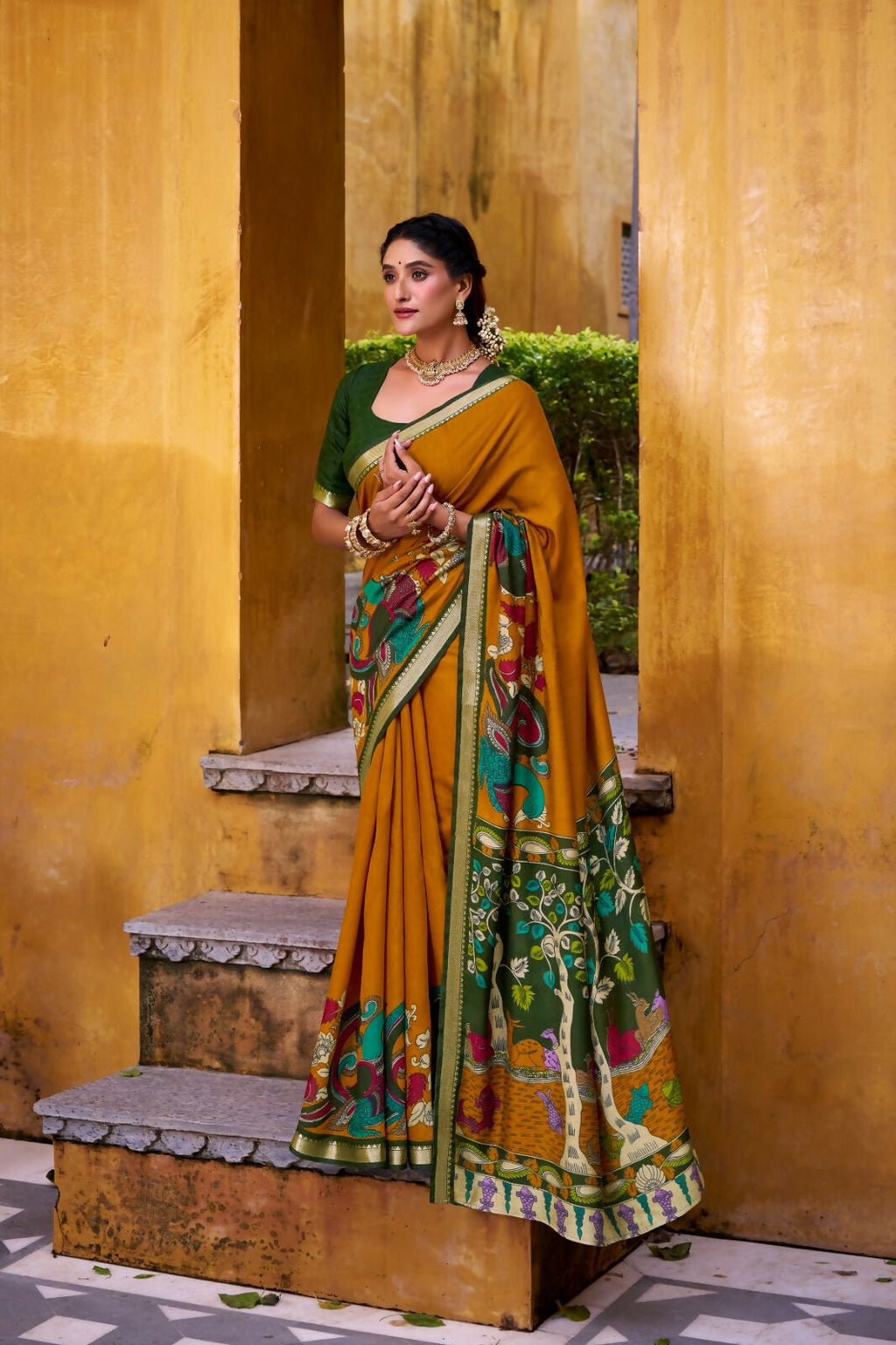 Vastranavya Mustard Viscose Chanderi Kalamkari Print with Zari Working Saree & Unstitched Blouse