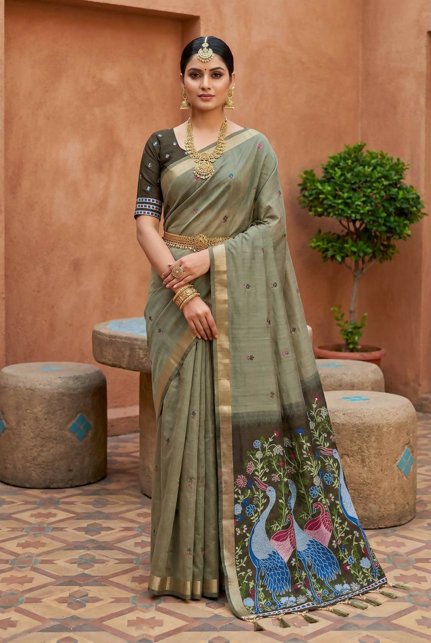 Vastranavya Mehendi Muga Cotton Meenakari & Azarakh Pallu Saree with Contrast Blouse