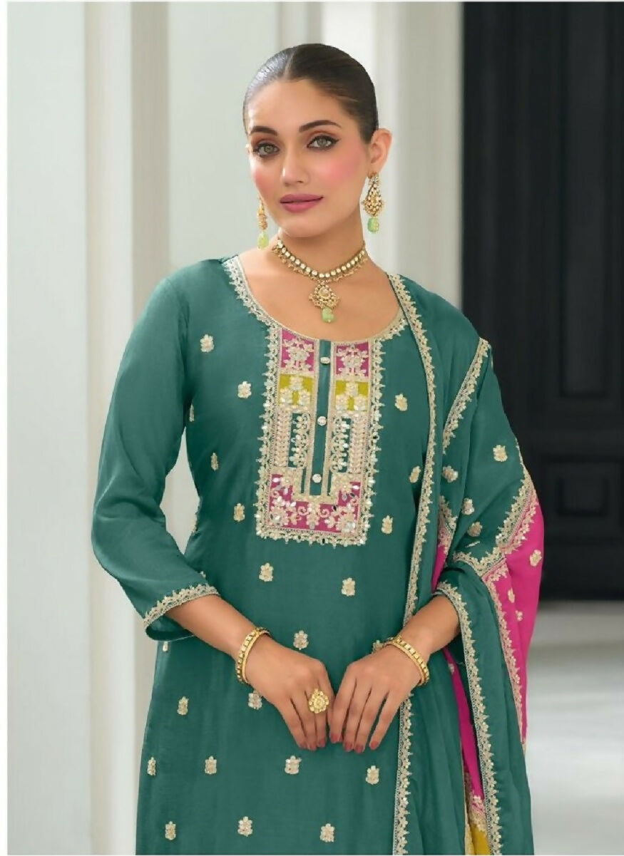Teeya Creation Green Color Chinon Silk Embroidery Work Wedding Wear Designer Salwar Suit