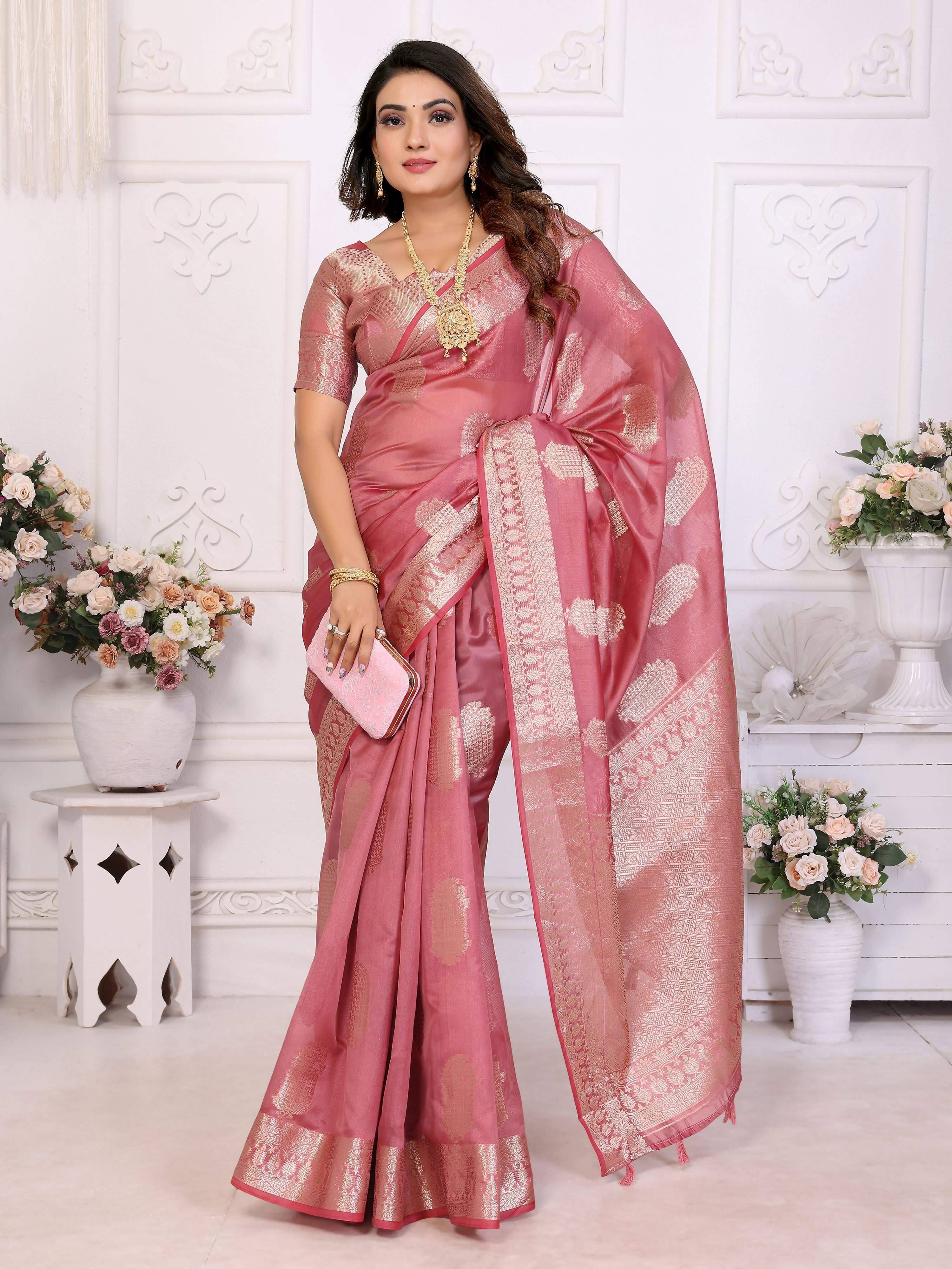 Aastha Fashion Dusty Rose Soft Organza Silk Weaving Saree
